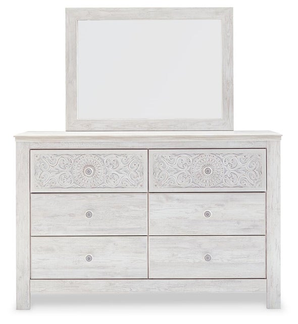 Paxberry 6 Drawer Dresser and Mirror with Medallion Detail, Whitewash