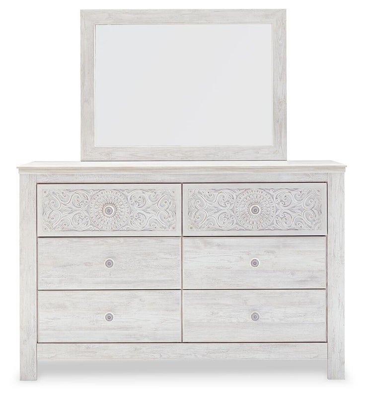 Paxberry 6 Drawer Dresser and Mirror with Medallion Detail, Whitewash
