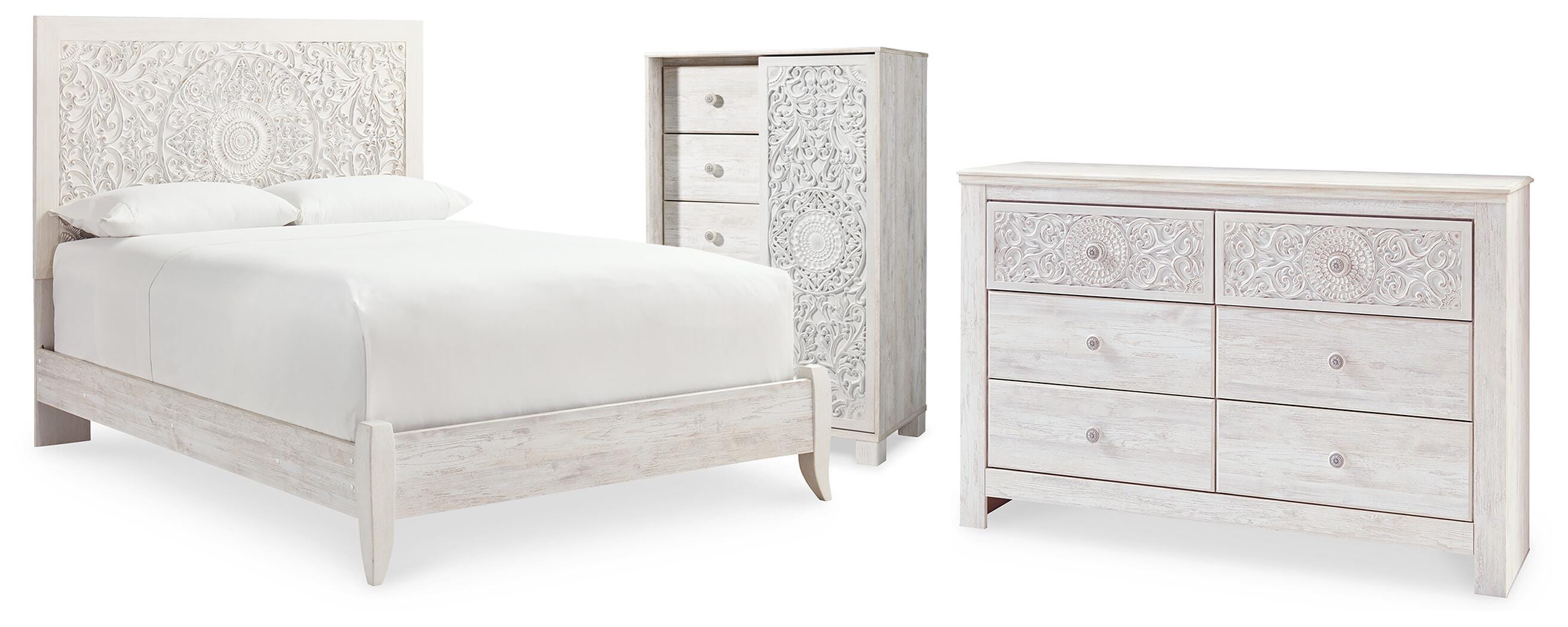 Cama con panel Queen, cómoda y cofre Paxberry