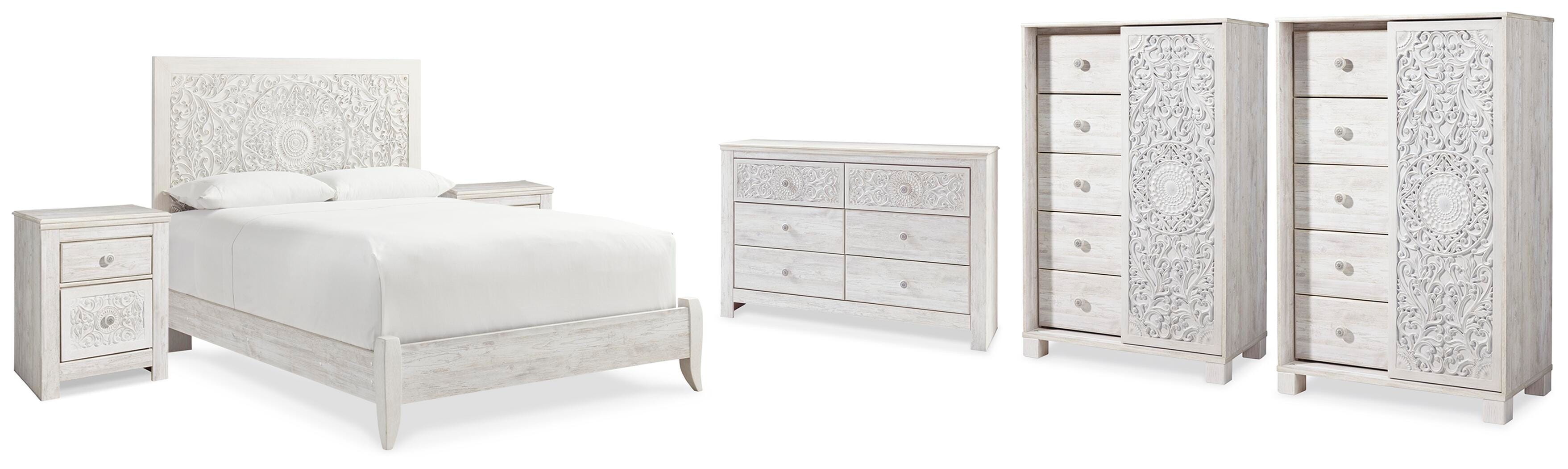 Cama con panel Queen Paxberry, cómoda, 2 cajoneras y 2 mesitas de noche - image 1