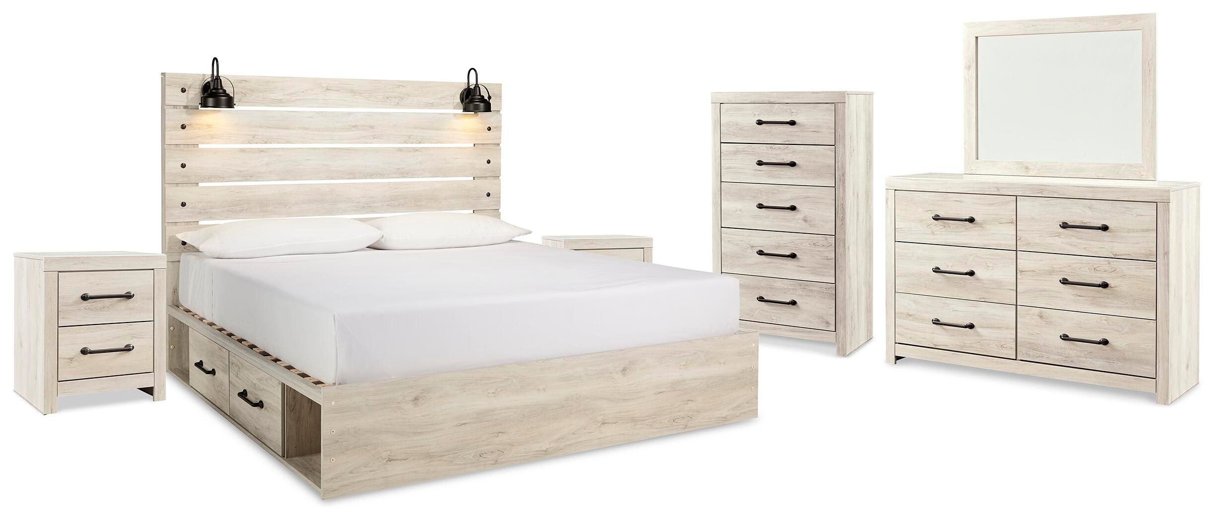Cama de panel tamaño King Cambeck con almacenamiento, tocador, espejo, cómoda y 2 mesitas de noche - image 2