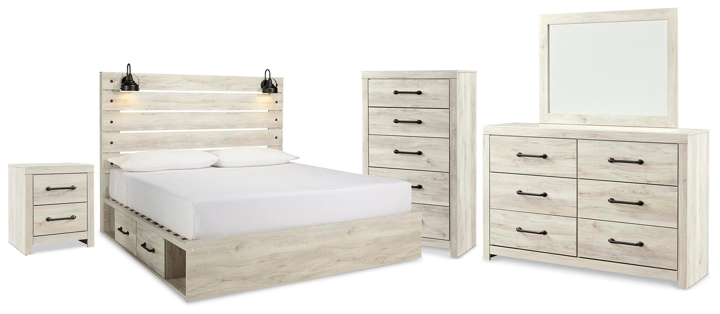 Cama de plataforma tamaño king Cambeck con almacenamiento, tocador, espejo, cómoda y mesita de noche - image 1