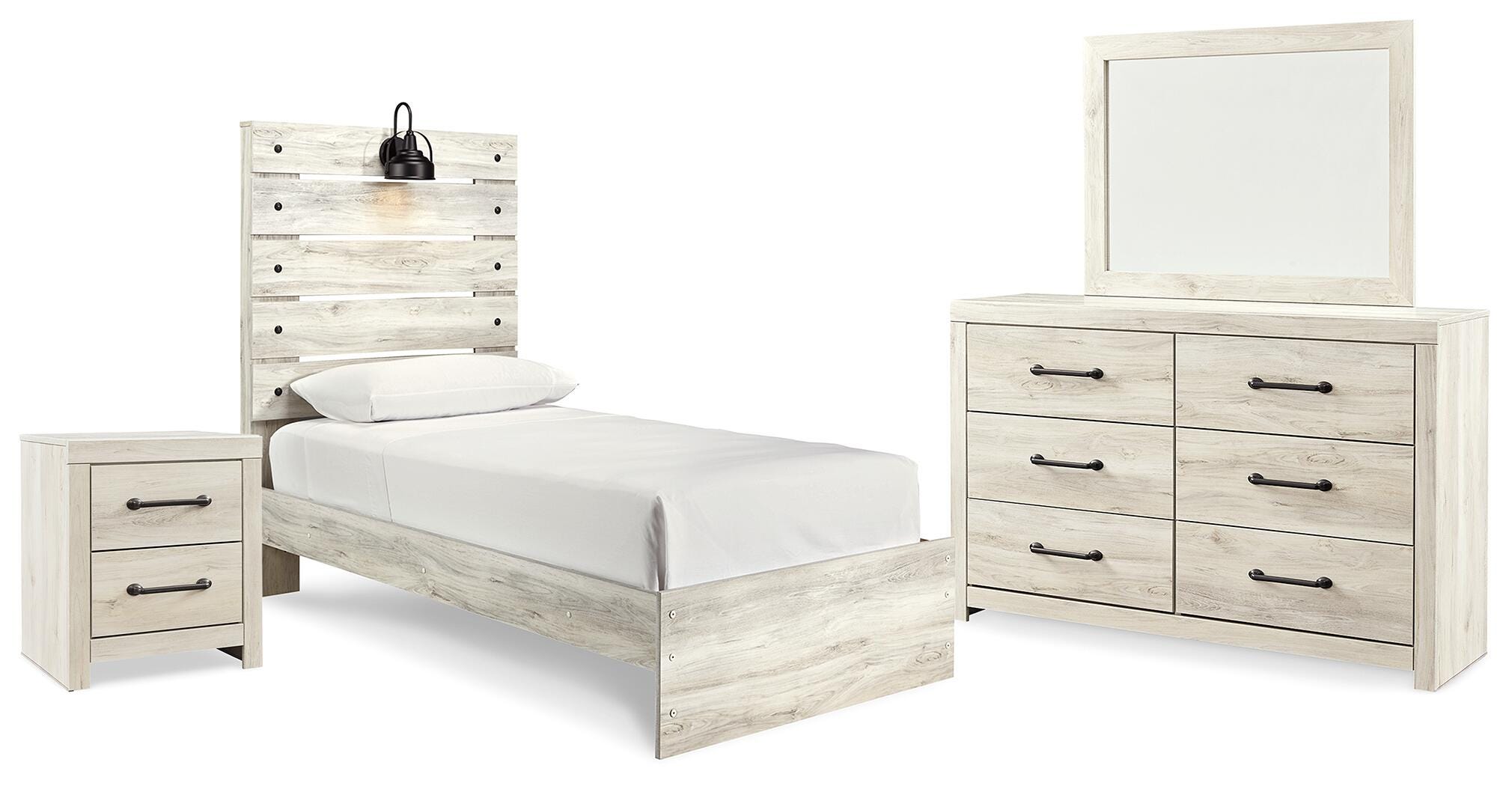 Cama doble con paneles Cambeck, cómoda, espejo y mesita de noche - image 1