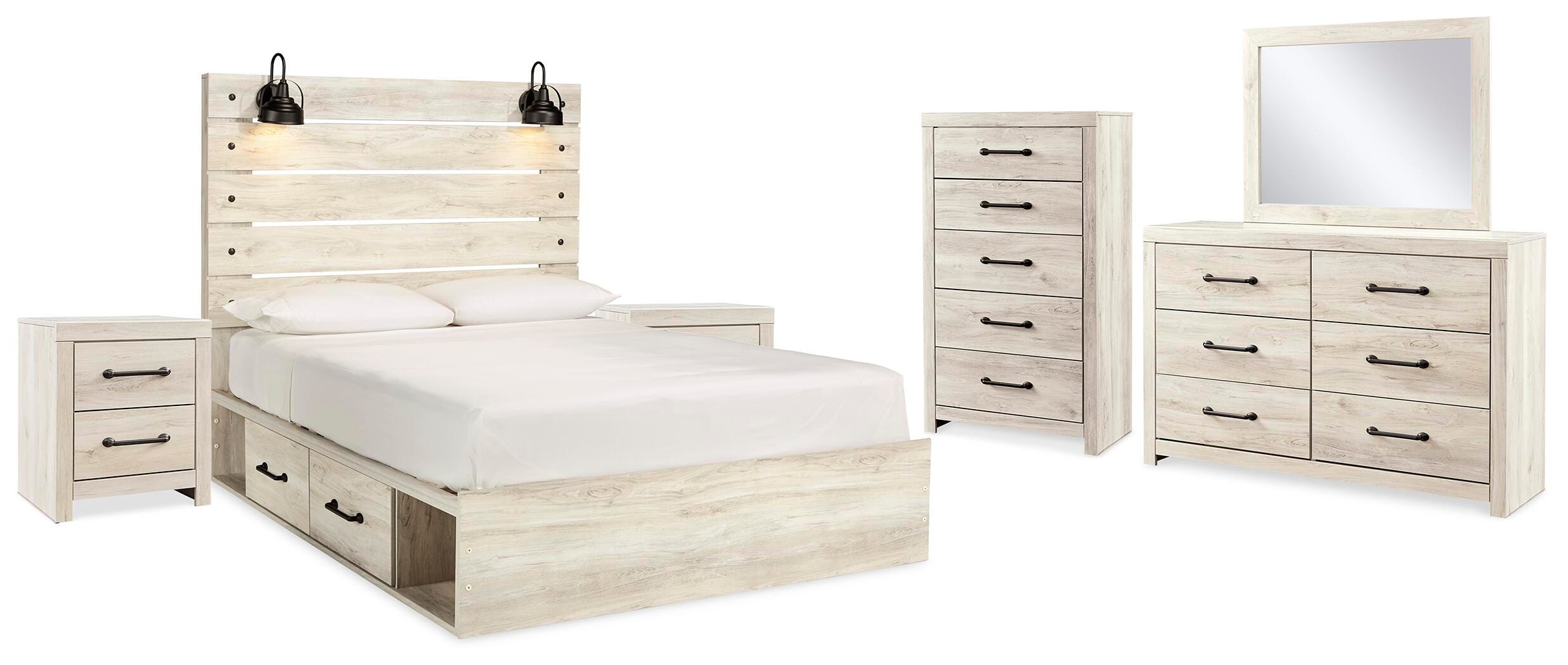 Cama de almacenamiento Cambeck Queen con panel, cómoda, espejo, 2 arcones y 2 mesitas de noche - image 2
