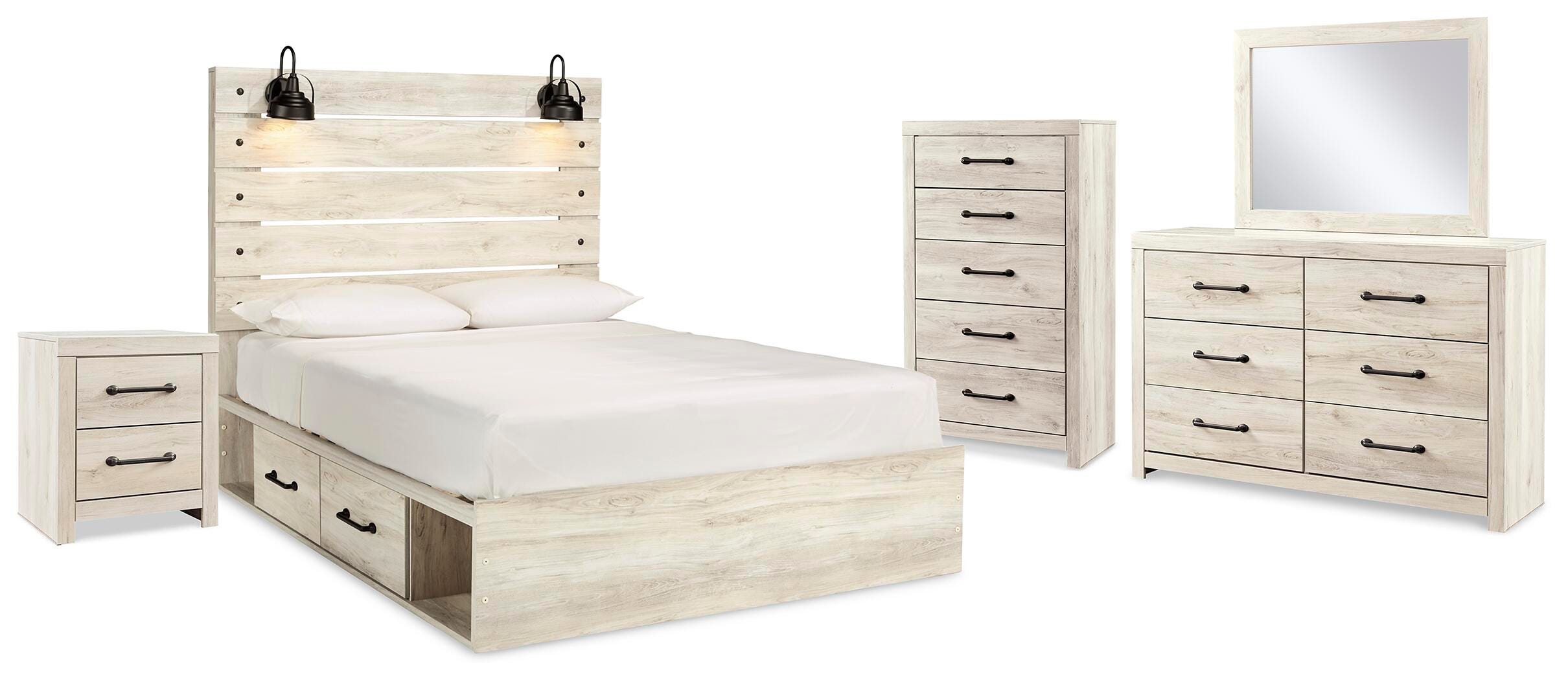 Cama de almacenamiento Cambeck Queen con panel, cómoda, espejo, chiffonier y mesita de noche - image 1