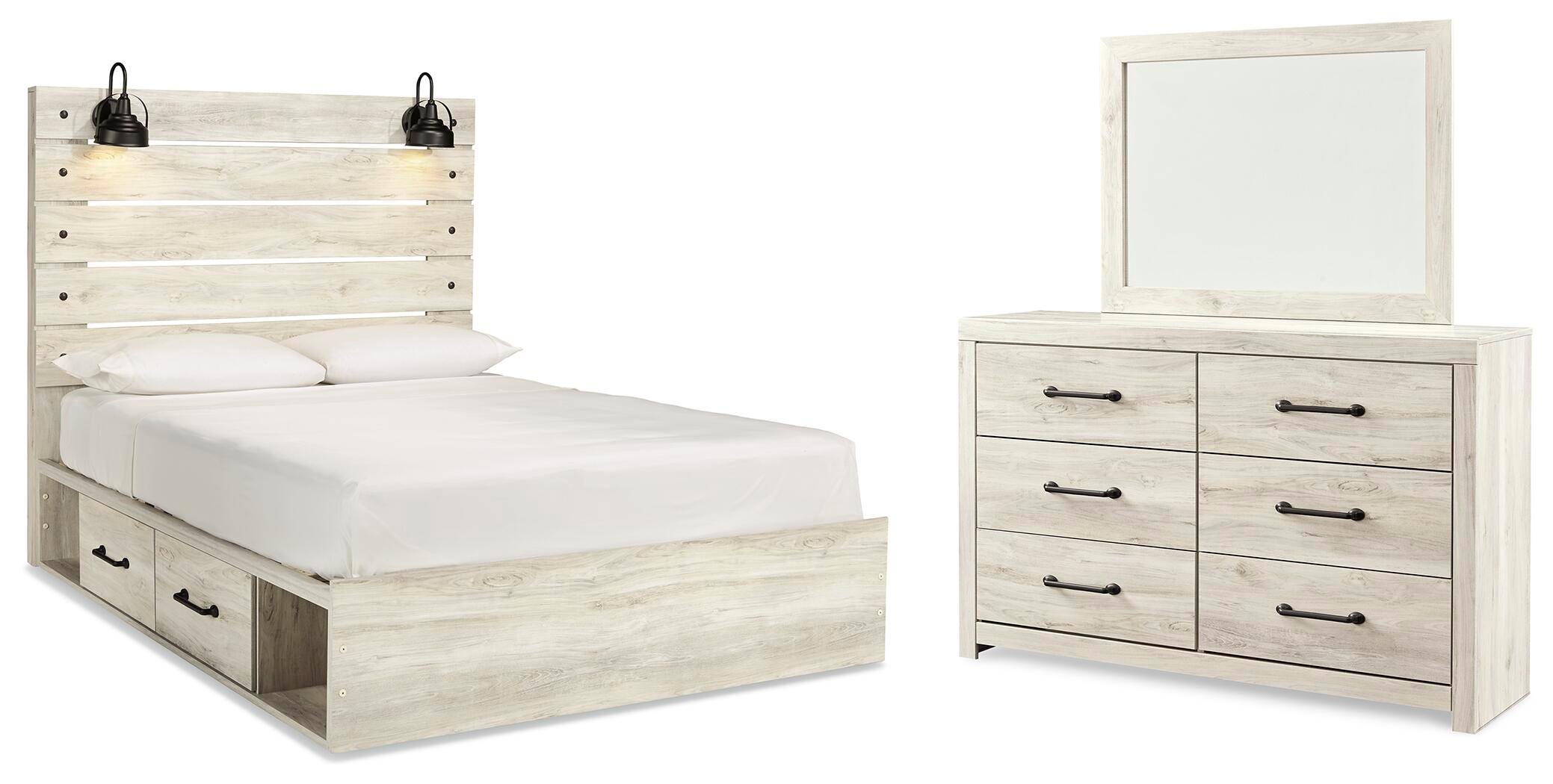 Cama Queen Cambeck con paneles y almacenaje, cómoda y espejo - image 1
