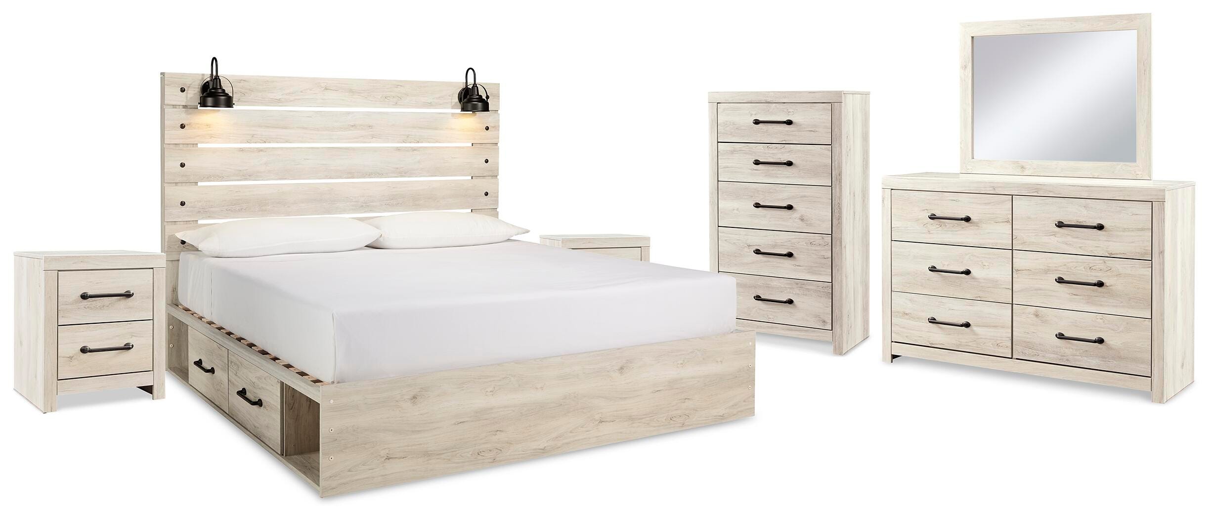 Cama de panel tamaño King Cambeck con almacenamiento, tocador, espejo, cómoda y 2 mesitas de noche - image 2
