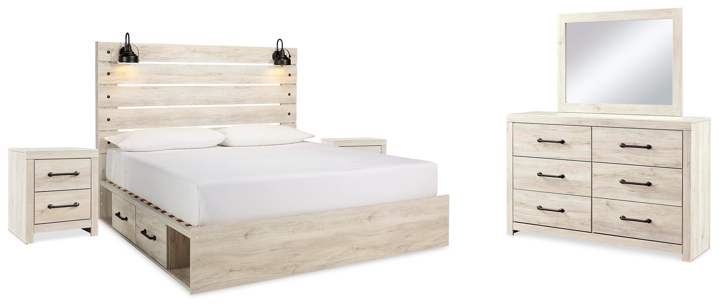 Cama king con paneles Cambeck con 2 cajones laterales, tocador, espejo y mesita de noche - image 1