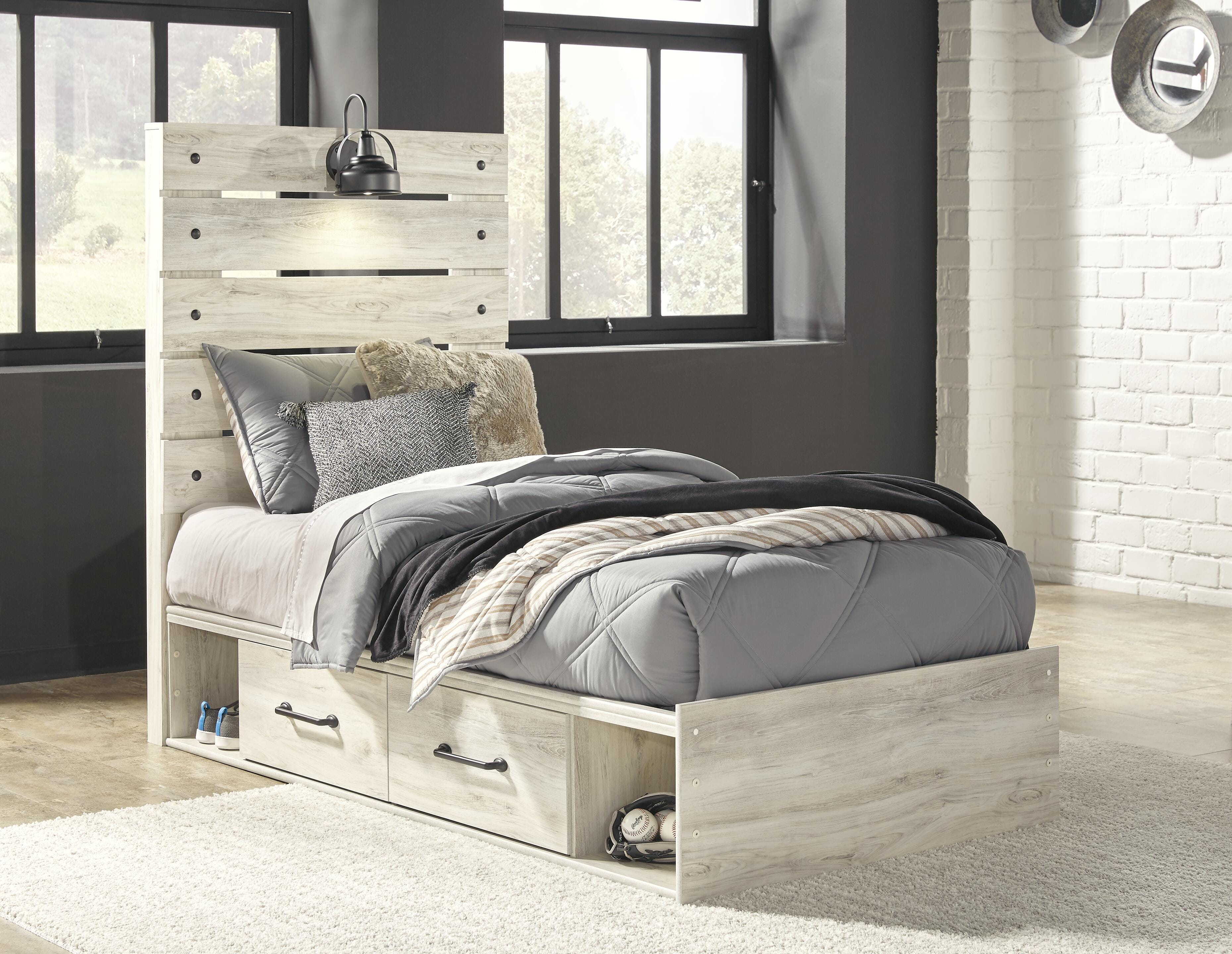 Cambeck Twin Panel Bed with 4 Storage Drawers with Dresser, Whitewash, large