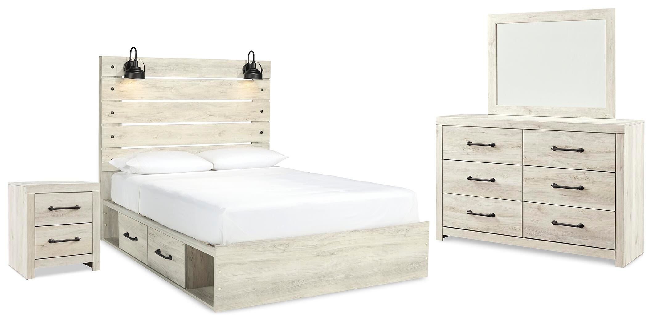 Cama tamaño Queen con panel y almacenamiento, cómoda, espejo y mesita de noche Cambeck - image 1