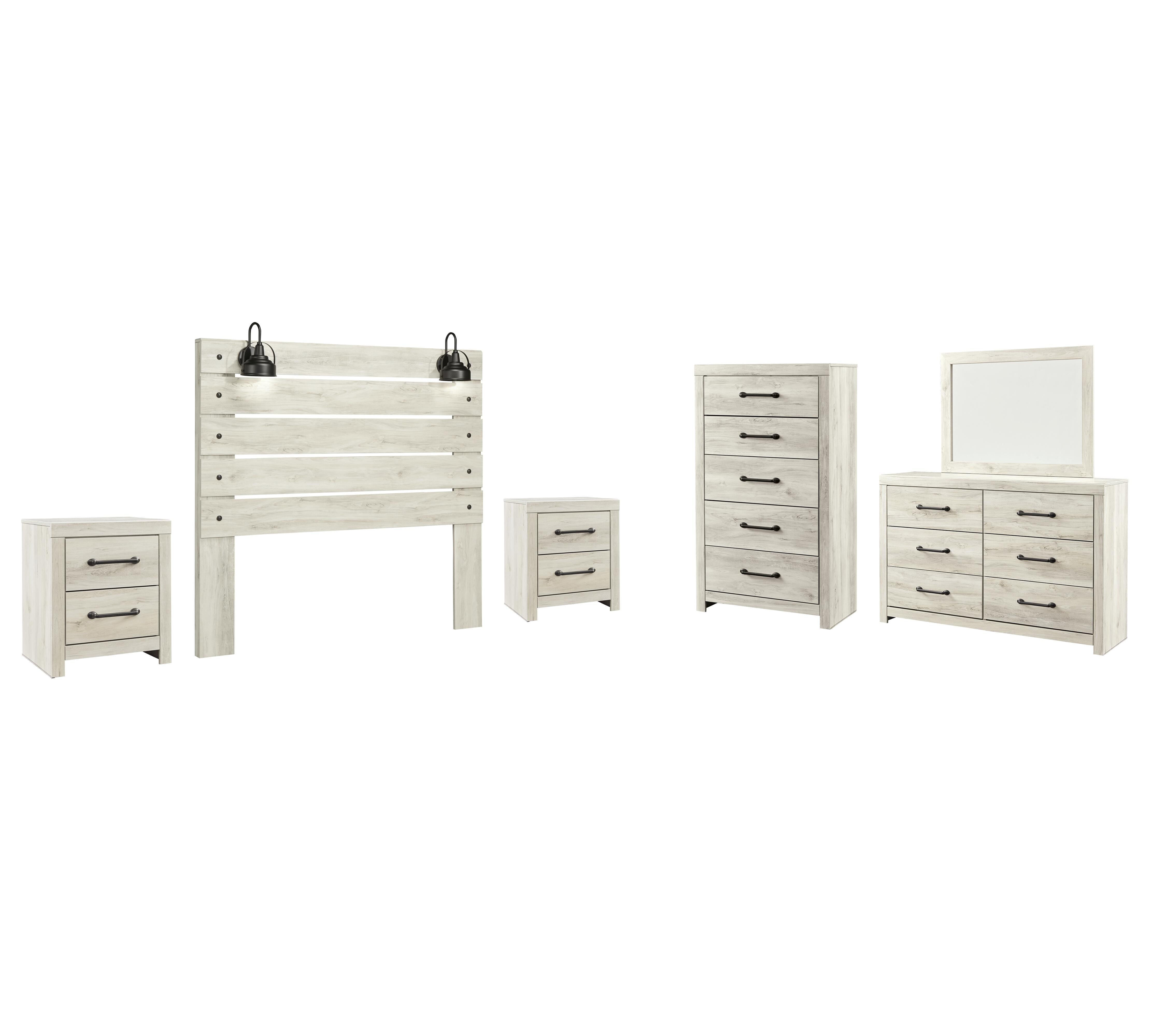 Cambeck Queen Panel Headboard Bed with Mirrored Dresser, Chest and 2 Nightstands, Whitewash