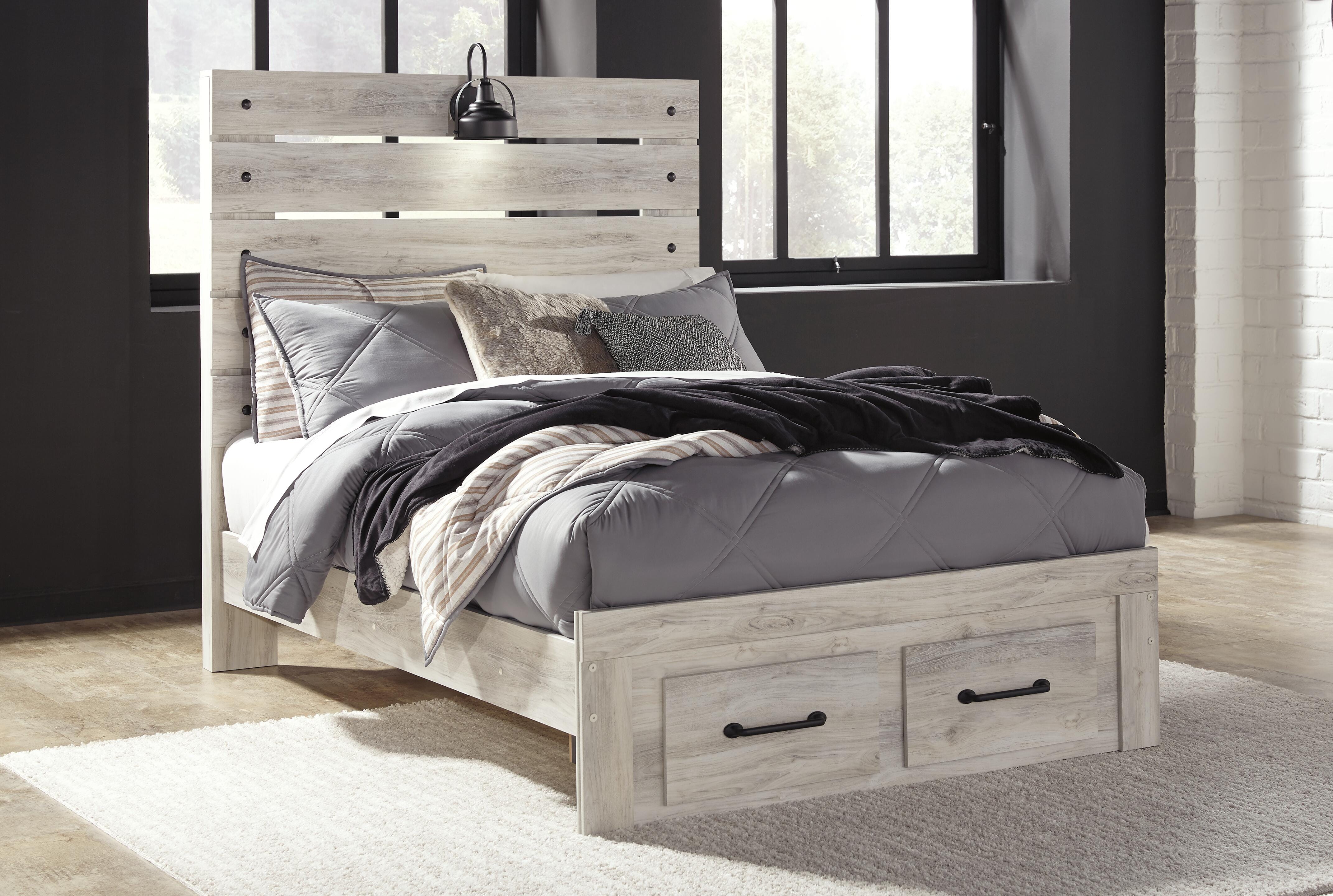 Cambeck Full Panel Bed with 2 Storage Drawers with Dresser, Whitewash, large