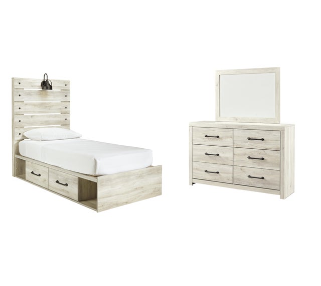 Cambeck Twin Panel Bed with 2 Storage Drawers with Mirrored Dresser