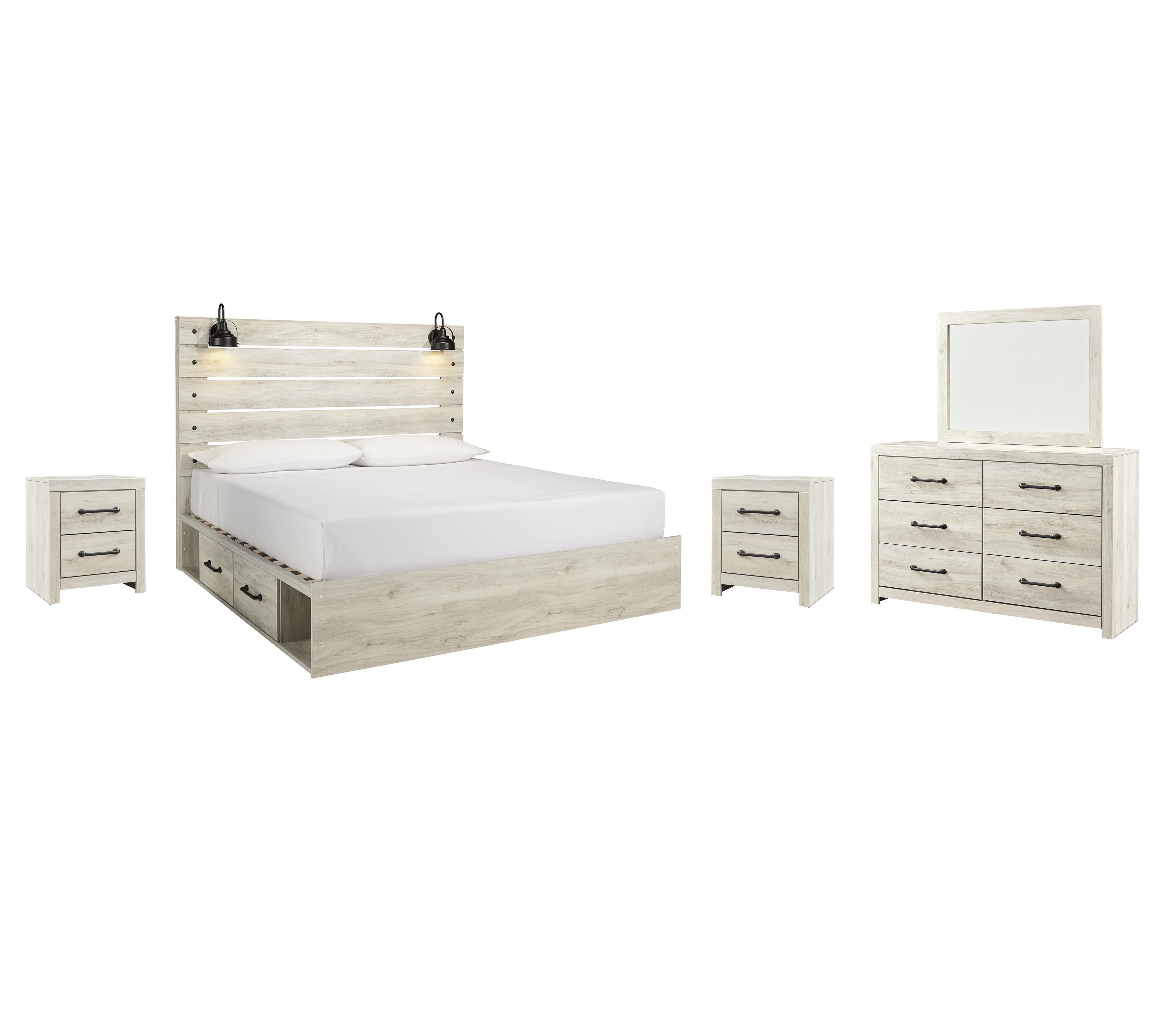 Cambeck King Panel Bed with 2 Storage Drawers Mirrored Dresser and Nightstands, Whitewash