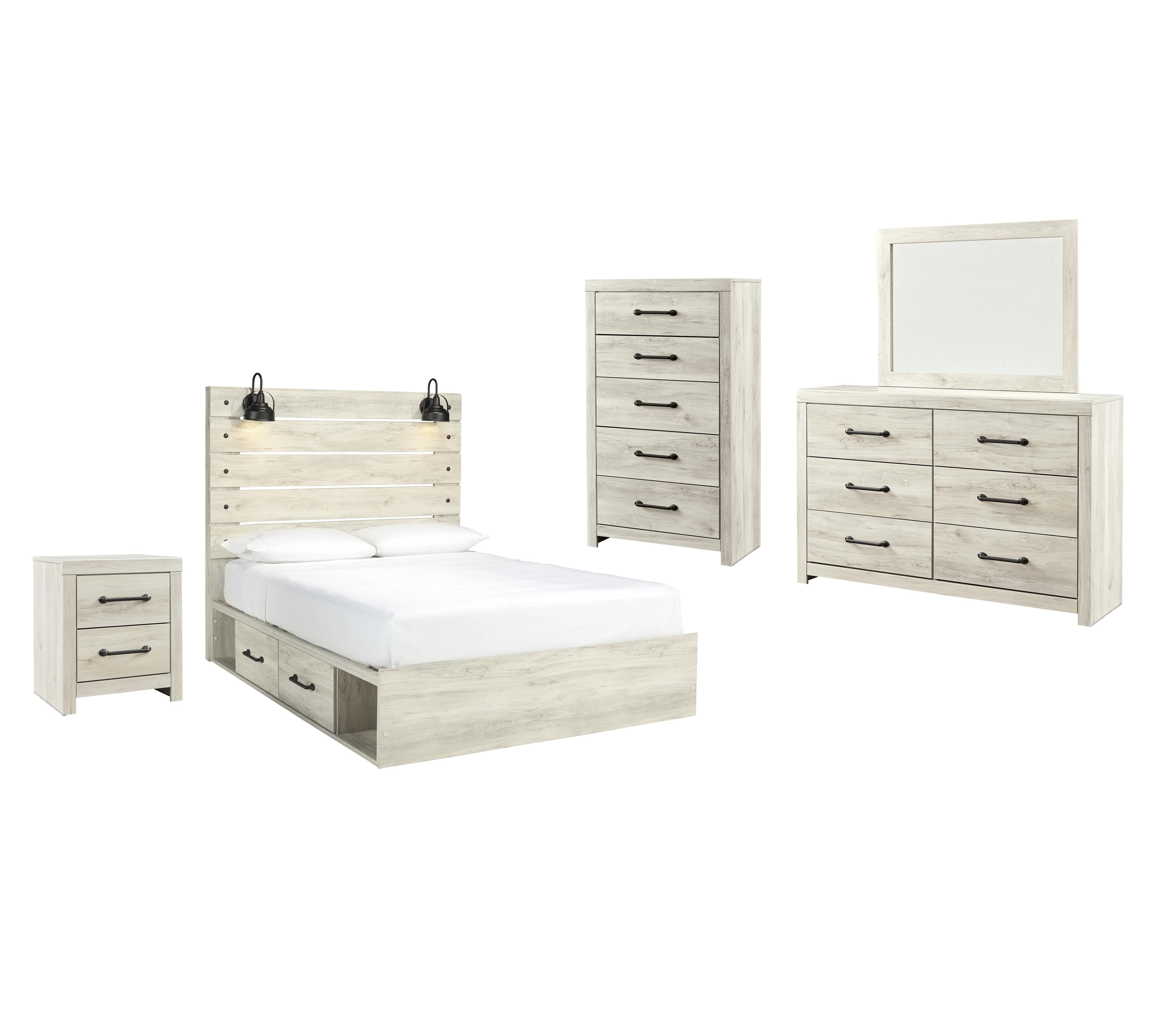 Cama Queen con panel y almacenamiento Cambeck, tocador, espejo, cómoda y mesita de noche - image 1