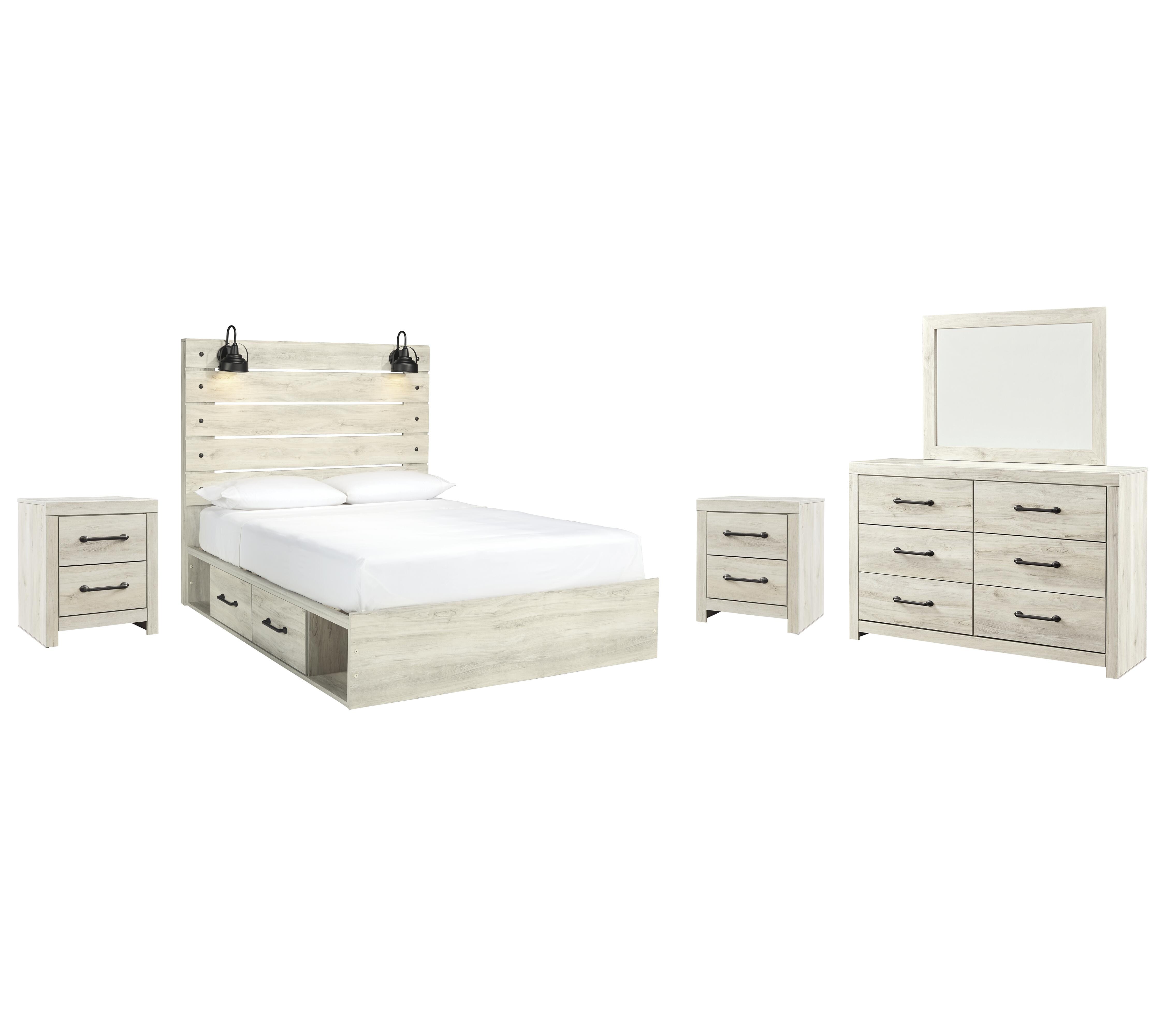 Cambeck Queen Panel Bed with 4 Storage Drawers Mirrored Dresser and 2 Nightstands, Whitewash