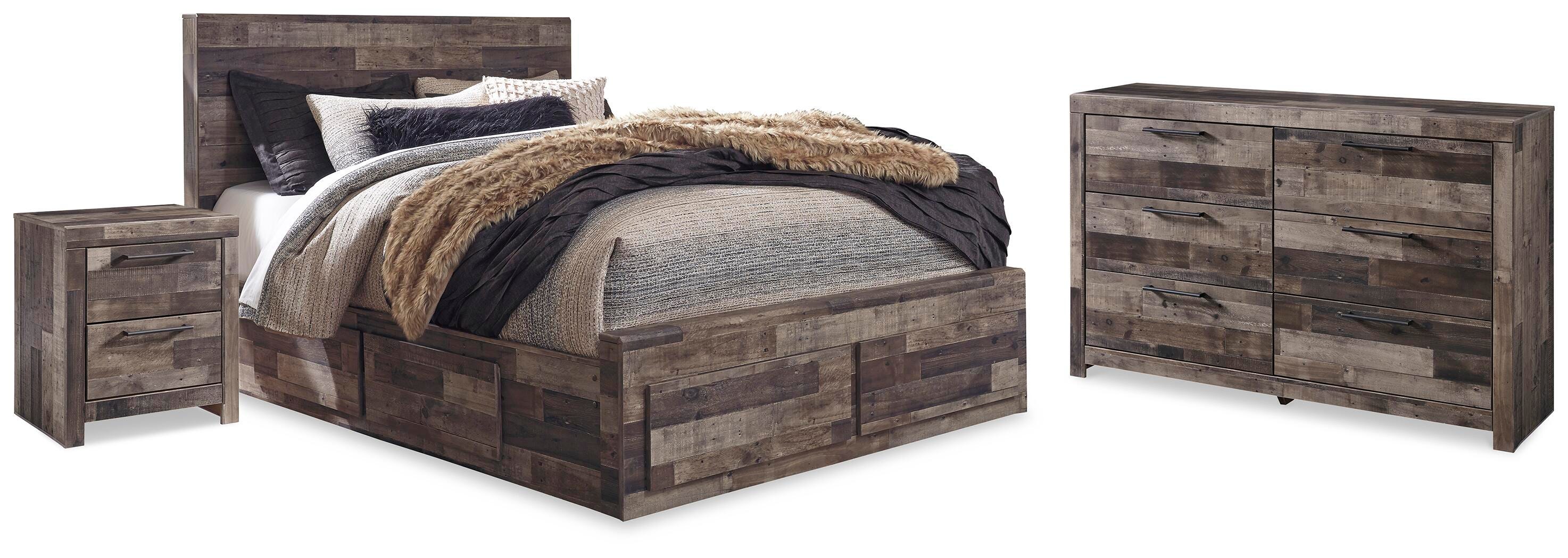 Cama Derekson Queen con panel de almacenamiento, cómoda y 2 mesitas de noche - image 1