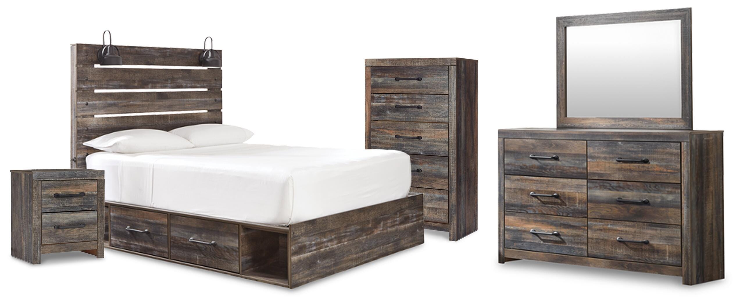 Cama de almacenamiento Drystan Queen con panel, cómoda, espejo, arcón y mesita de noche - image 1