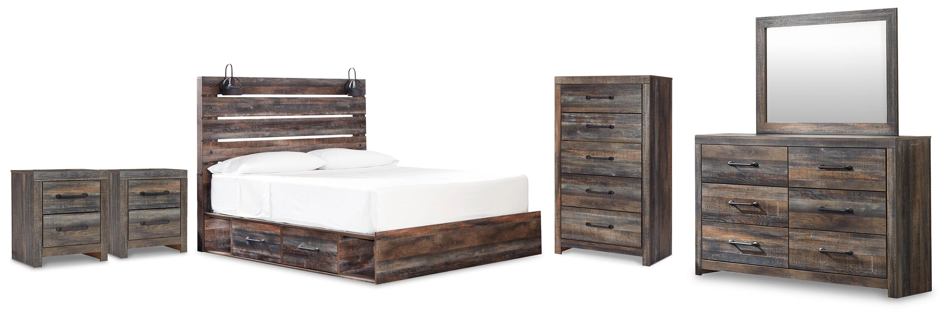 Cama con paneles y almacenaje King Drystan, cómoda, espejo, chiffonier y 2 mesitas de noche - image 1
