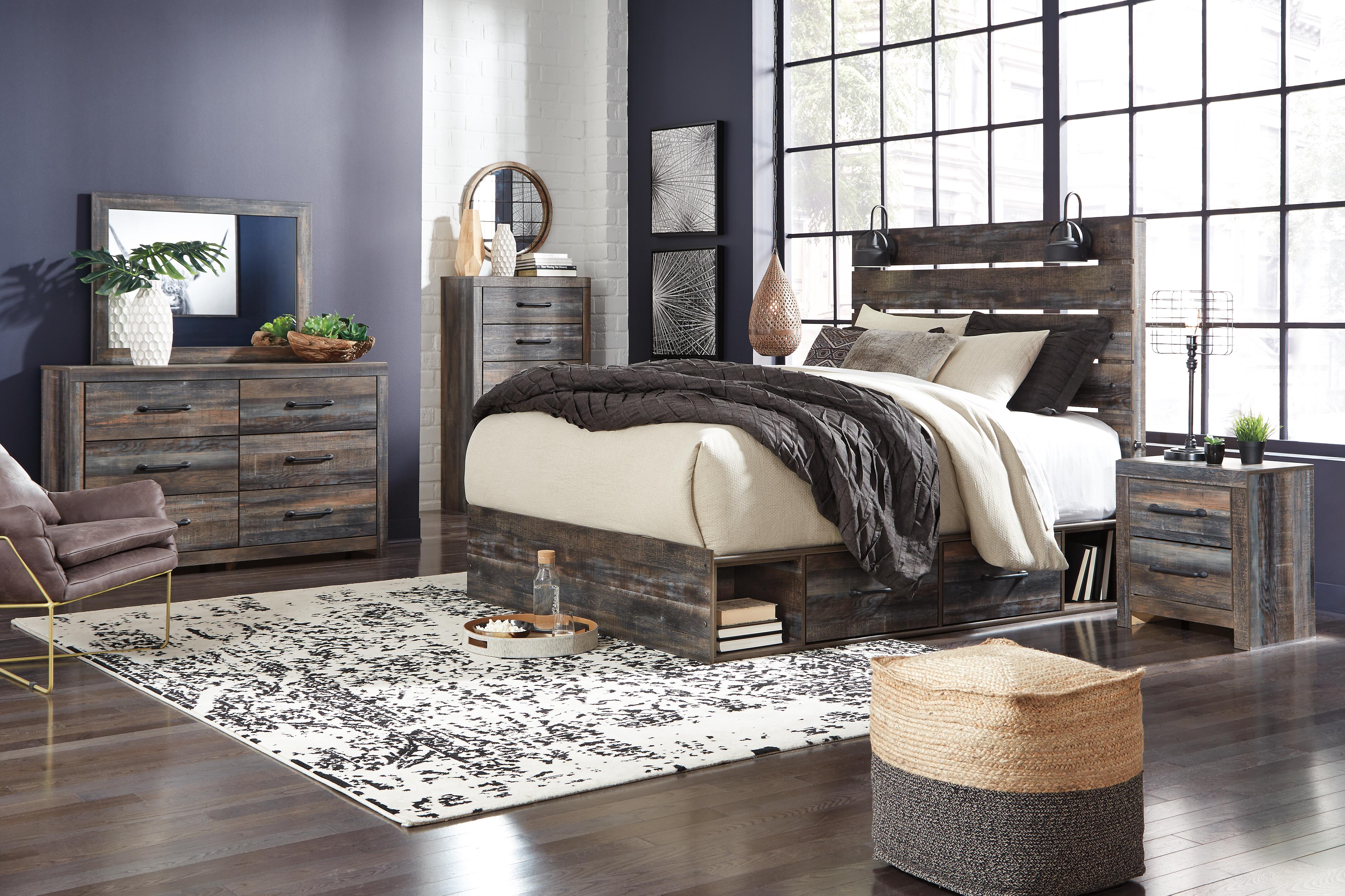 Cama de panel Queen Drystan con cómoda con espejo y mesita de noche - image 1