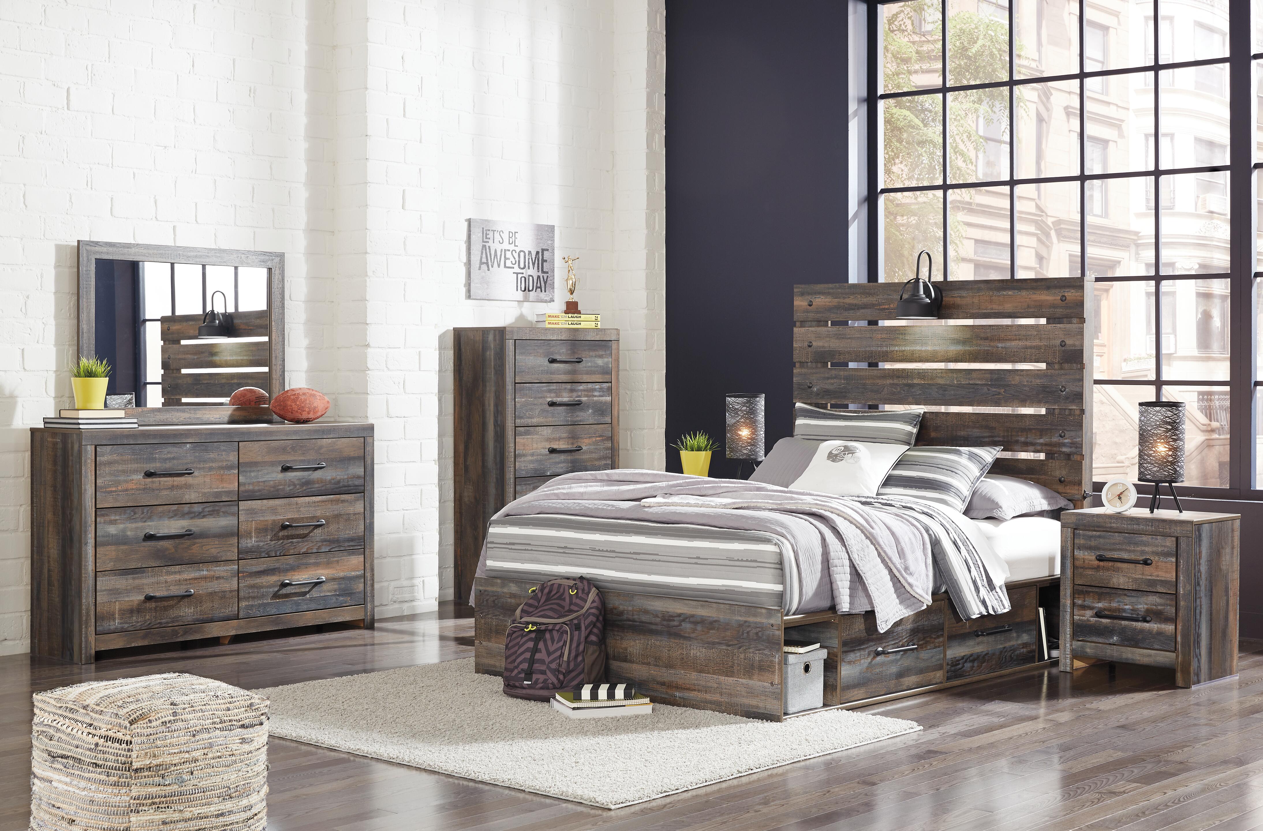 Drystan Full Panel Bed with 2 Storage Drawers with Mirrored Dresser, Multi, rollover