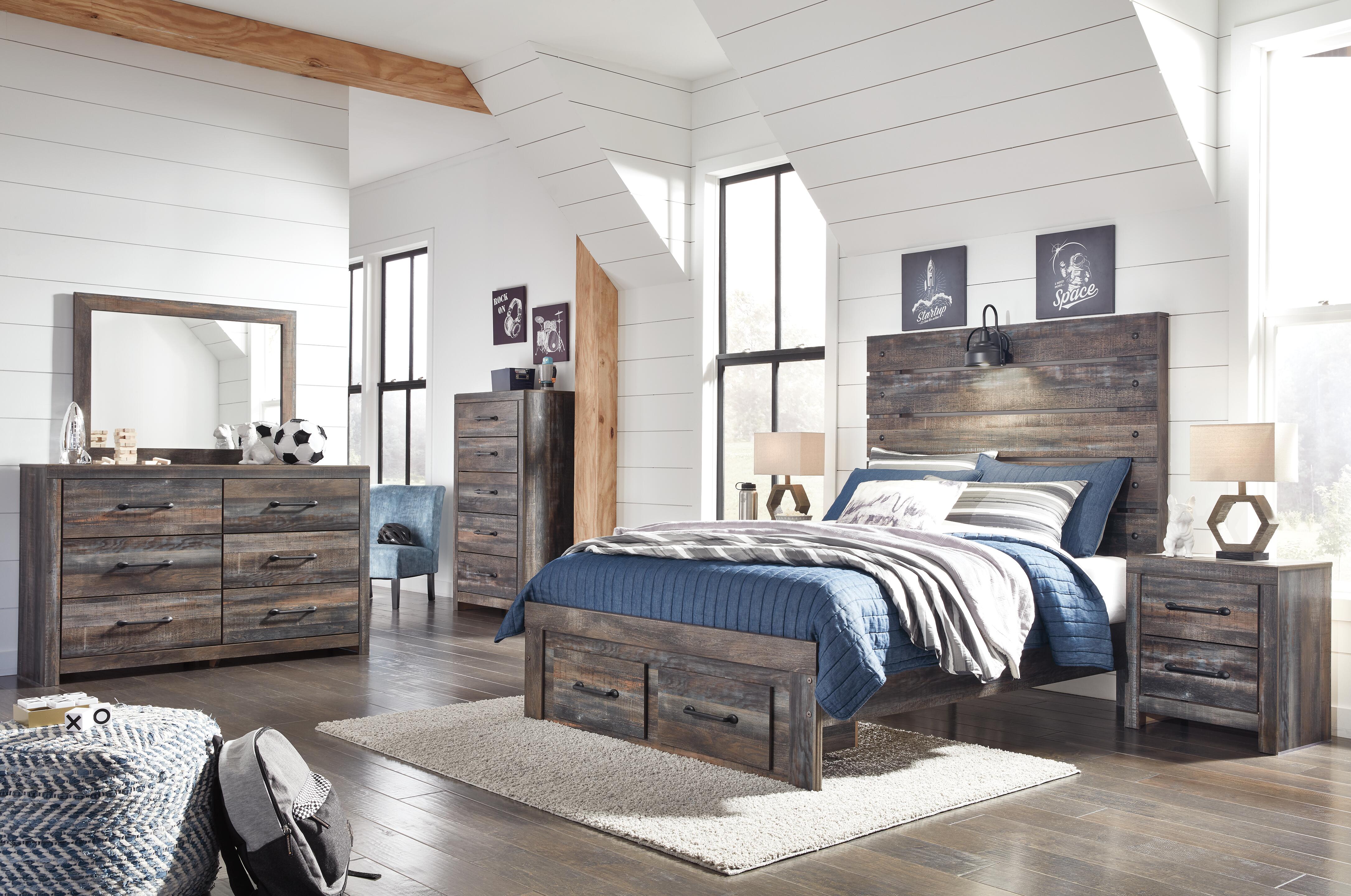 Drystan Full Panel Bed with 2 Storage Drawers with Mirrored Dresser, Multi, rollover