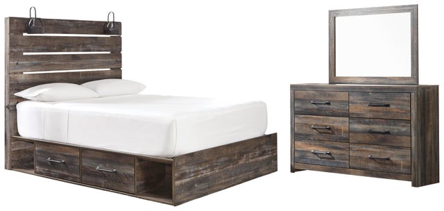 Drystan Twin Panel Bed with 2 Storage Drawers with Mirrored Dresser
