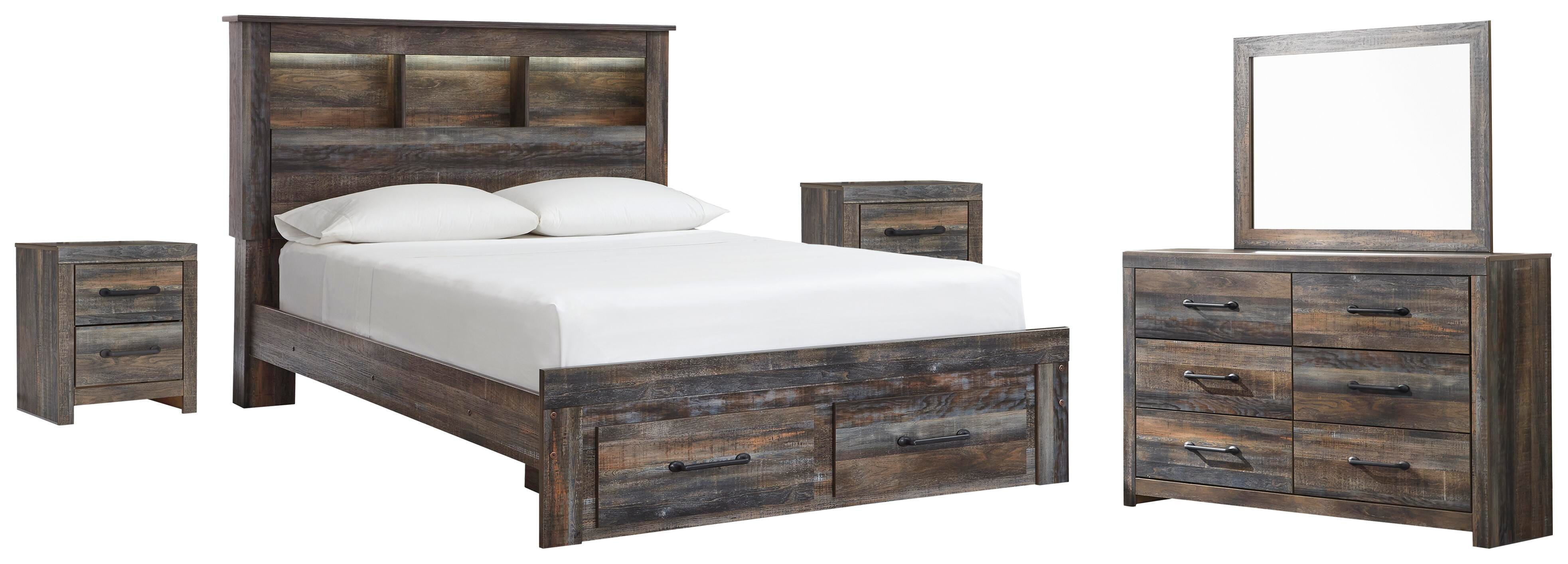 Drystan Queen Bookcase Bed with 2 Storage Drawers Mirrored Dresser and Nightstands, Multi