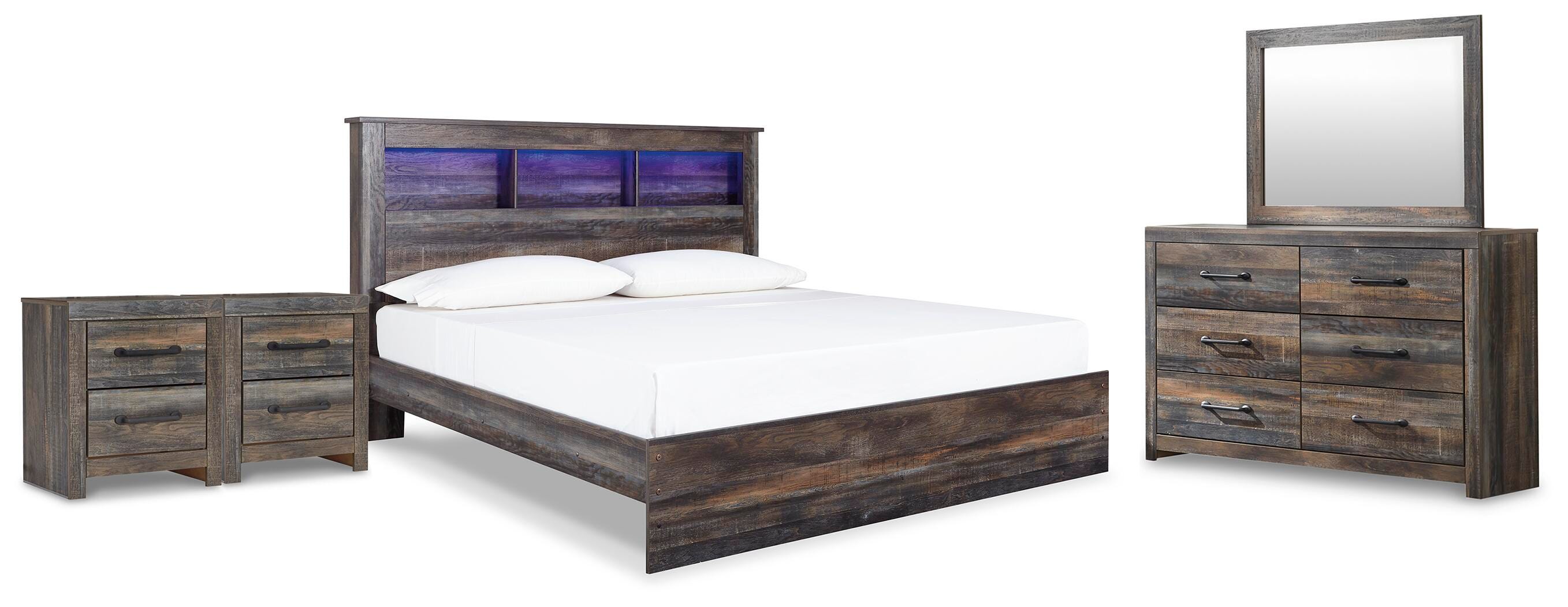 Drystan King Panel Bookcase Bed with Mirrored Dresser and 2 Nightstands, , large