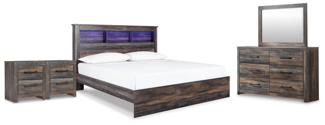 Drystan King Panel Bookcase Bed with Mirrored Dresser and 2 Nightstands