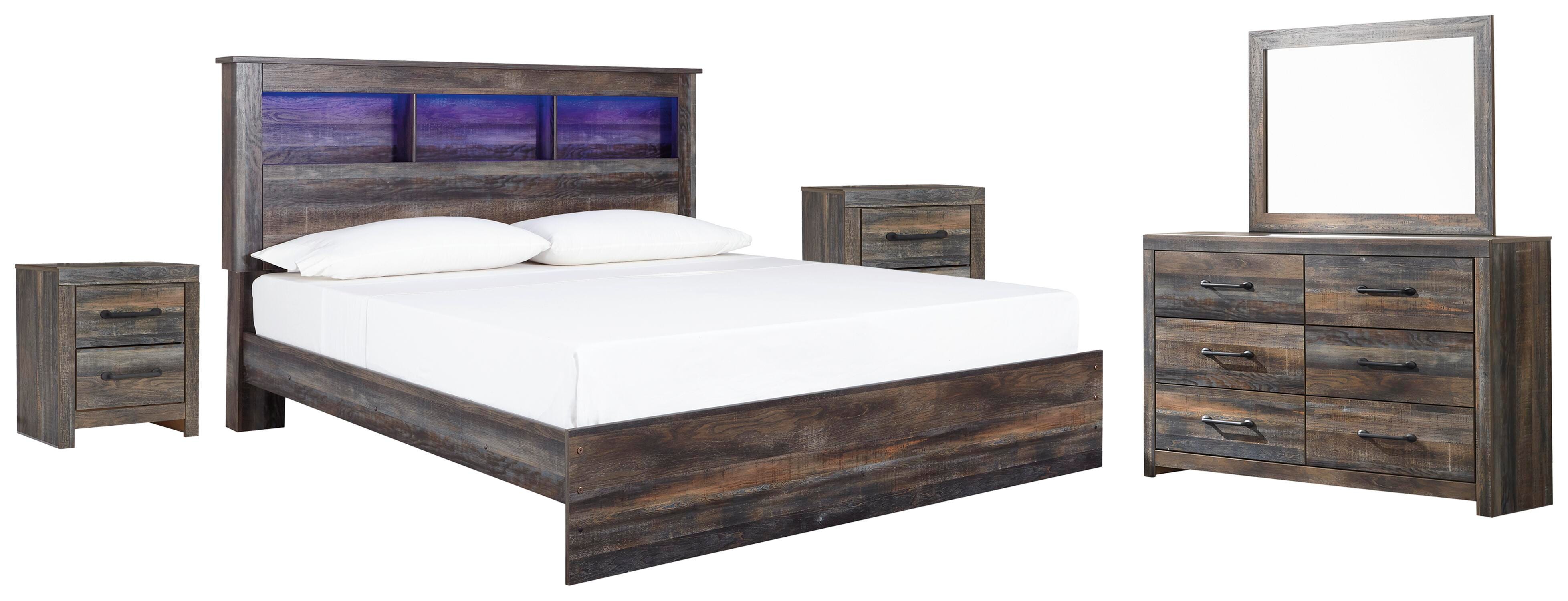 Drystan King Panel Bookcase Bed with Mirrored Dresser and 2 Nightstands, , large