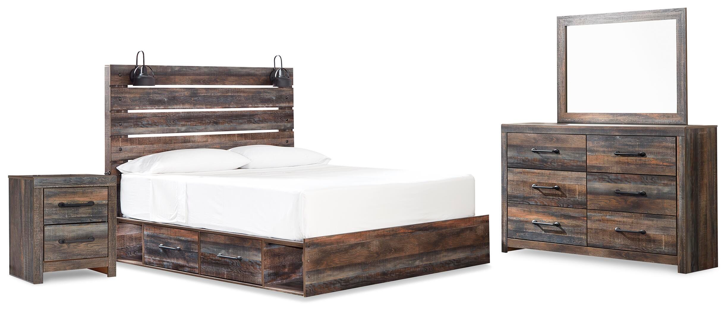 Cama Drystan Queen con panel y almacenamiento, cómoda y espejo - image 2