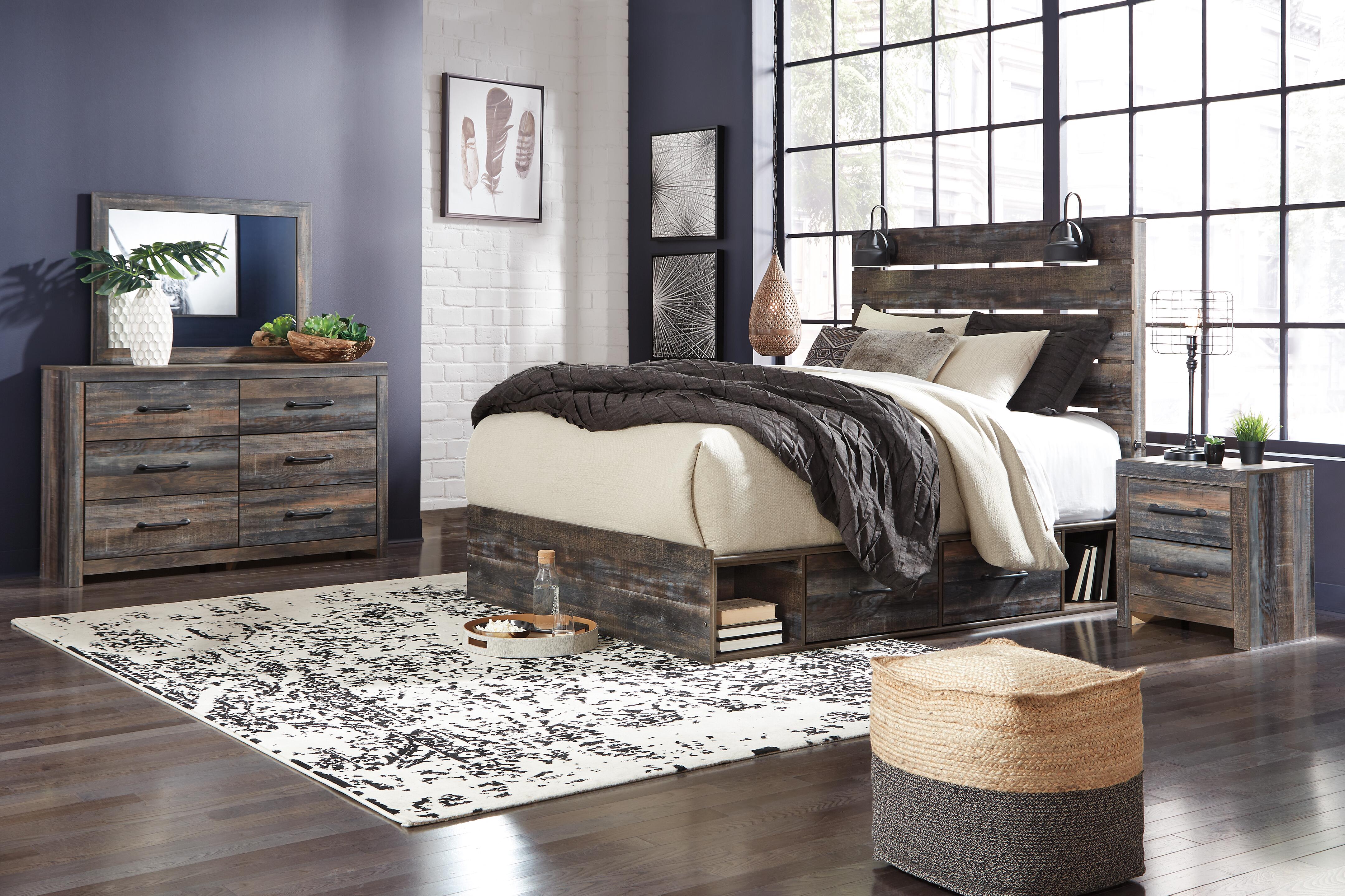 Drystan King Panel Bed with 4 Storage Drawers with Mirrored Dresser, Chest and 2 Nightstands, , rollover