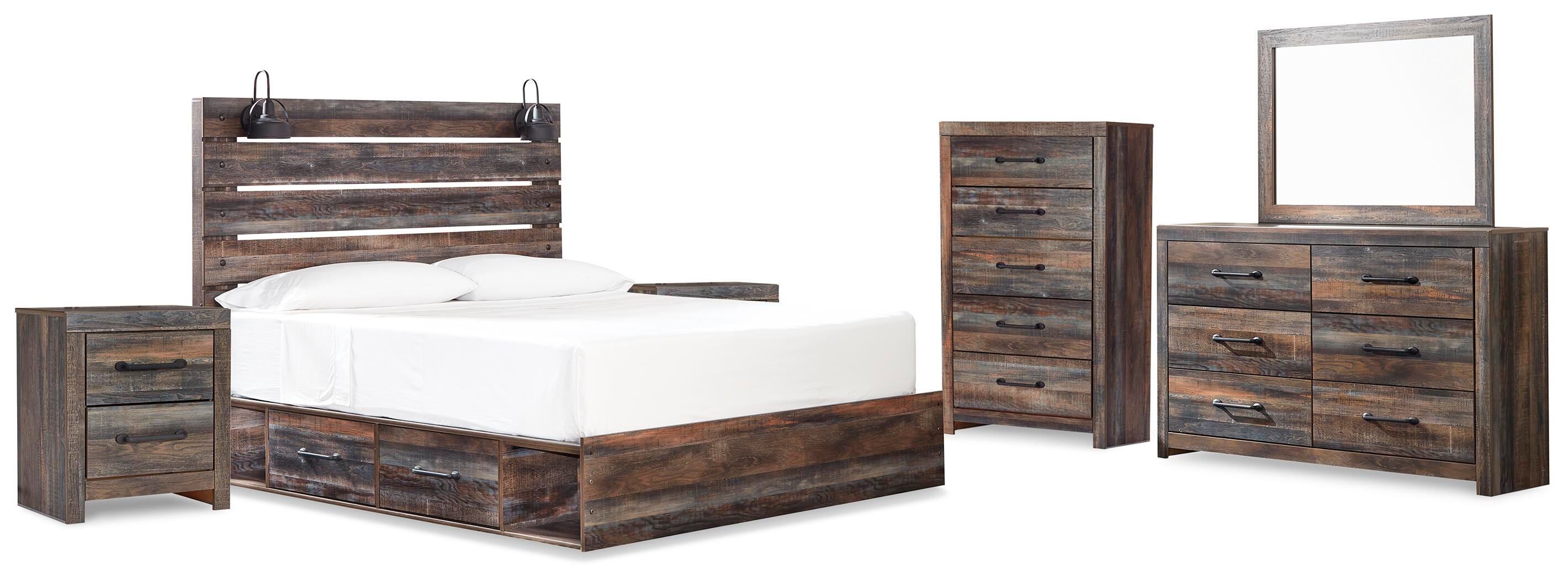 Cama con paneles y almacenaje King Drystan, cómoda, espejo, chiffonier y 2 mesitas de noche - image 2
