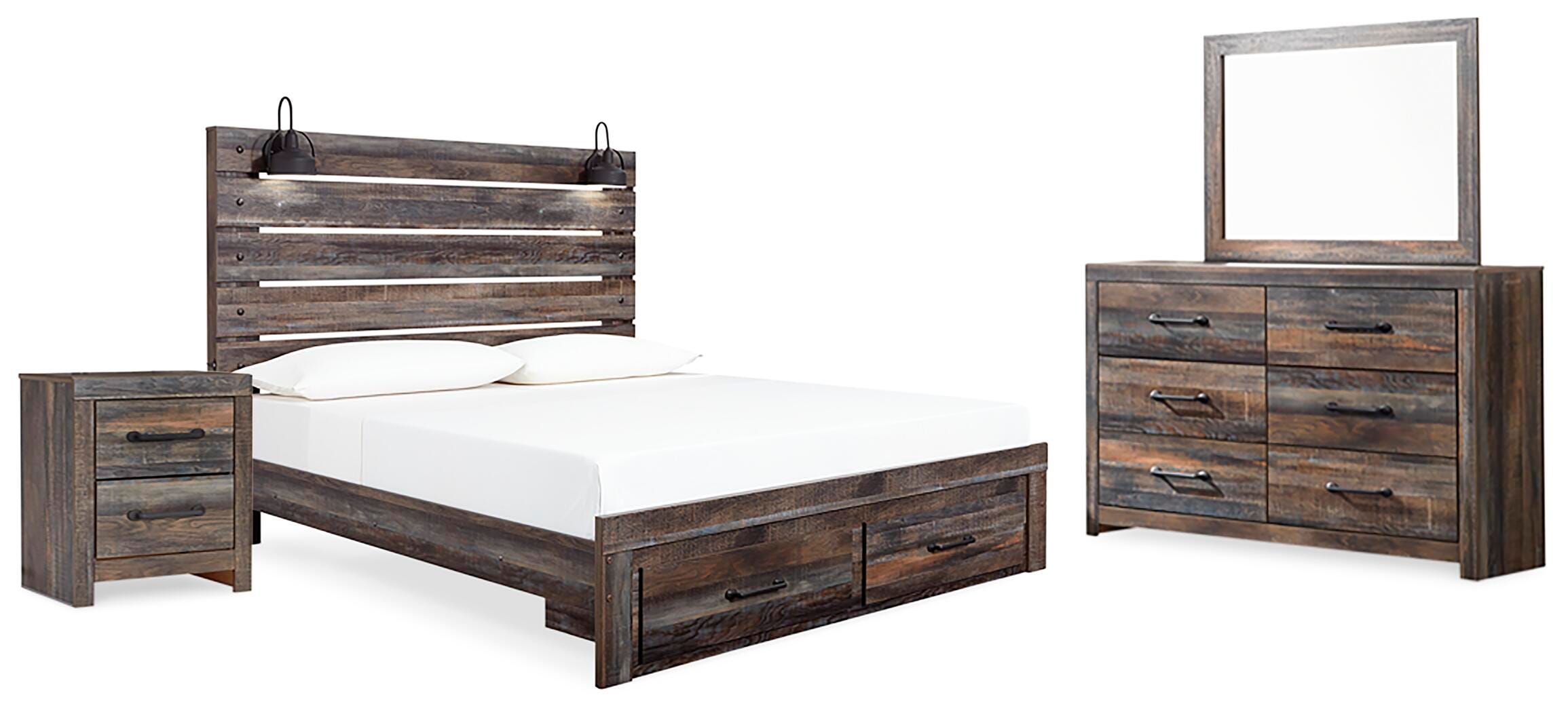 Cama King con almacenamiento Drystan, cómoda, espejo y mesita de noche - image 1