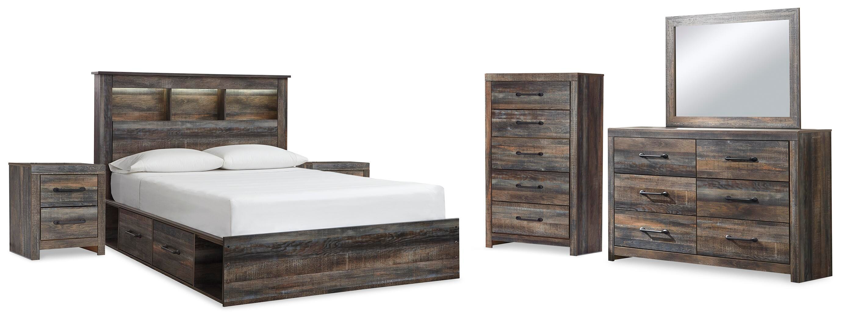 Cama Queen con Estante y Almacenamiento Drystan, Cómoda, Espejo, Chifonier y 2 Mesitas de Noche - image 2