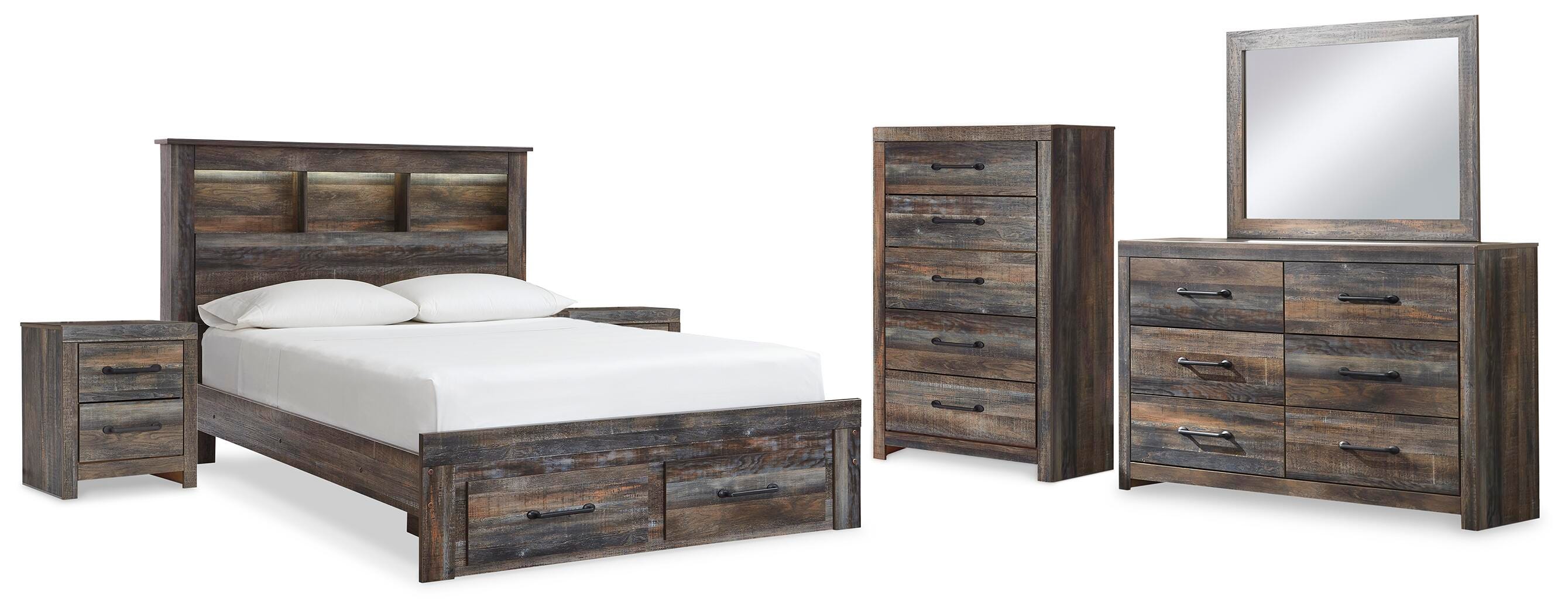 Cama Queen con Estante y Almacenamiento Drystan, Cómoda, Espejo, Chifonier y 2 Mesitas de Noche - image 2