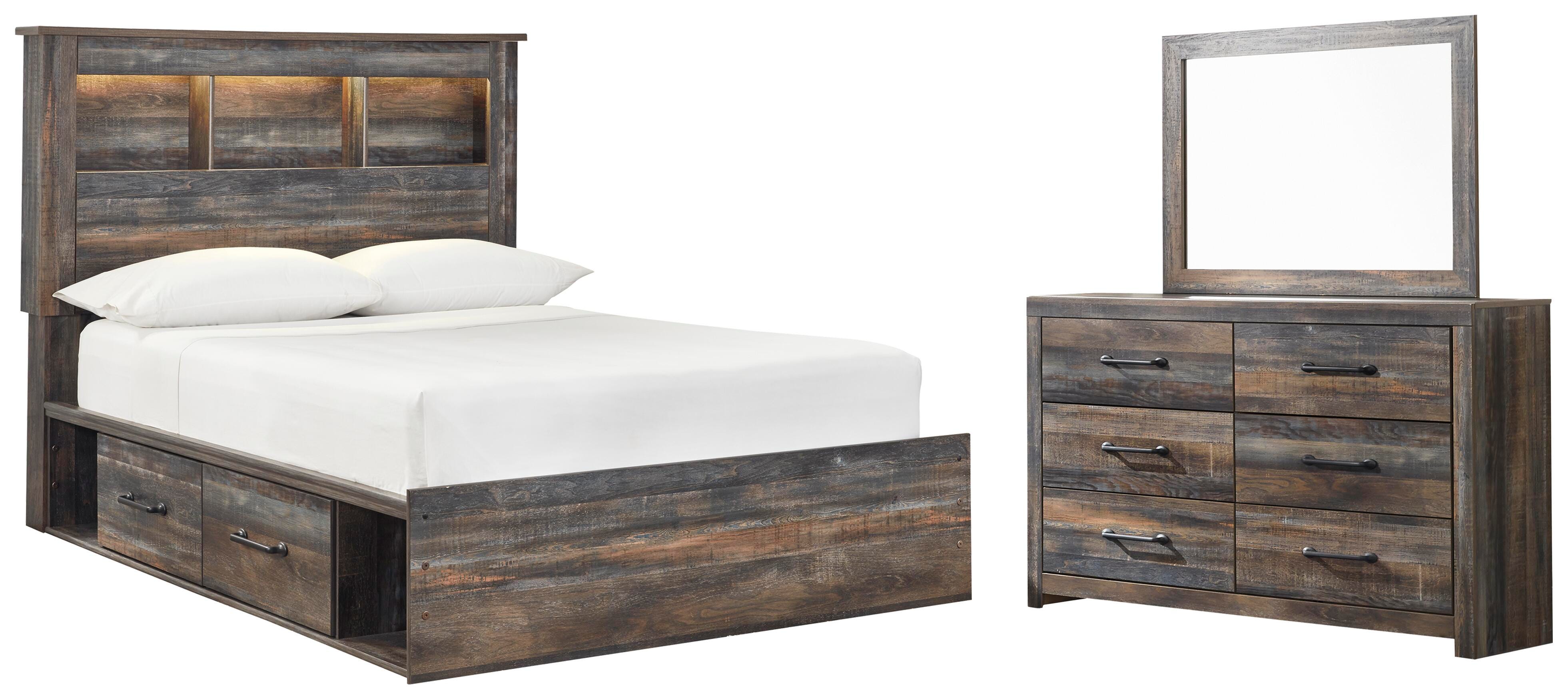 Drystan Full Bookcase Bed with 2 Storage Drawers with Mirrored Dresser, Multi, large