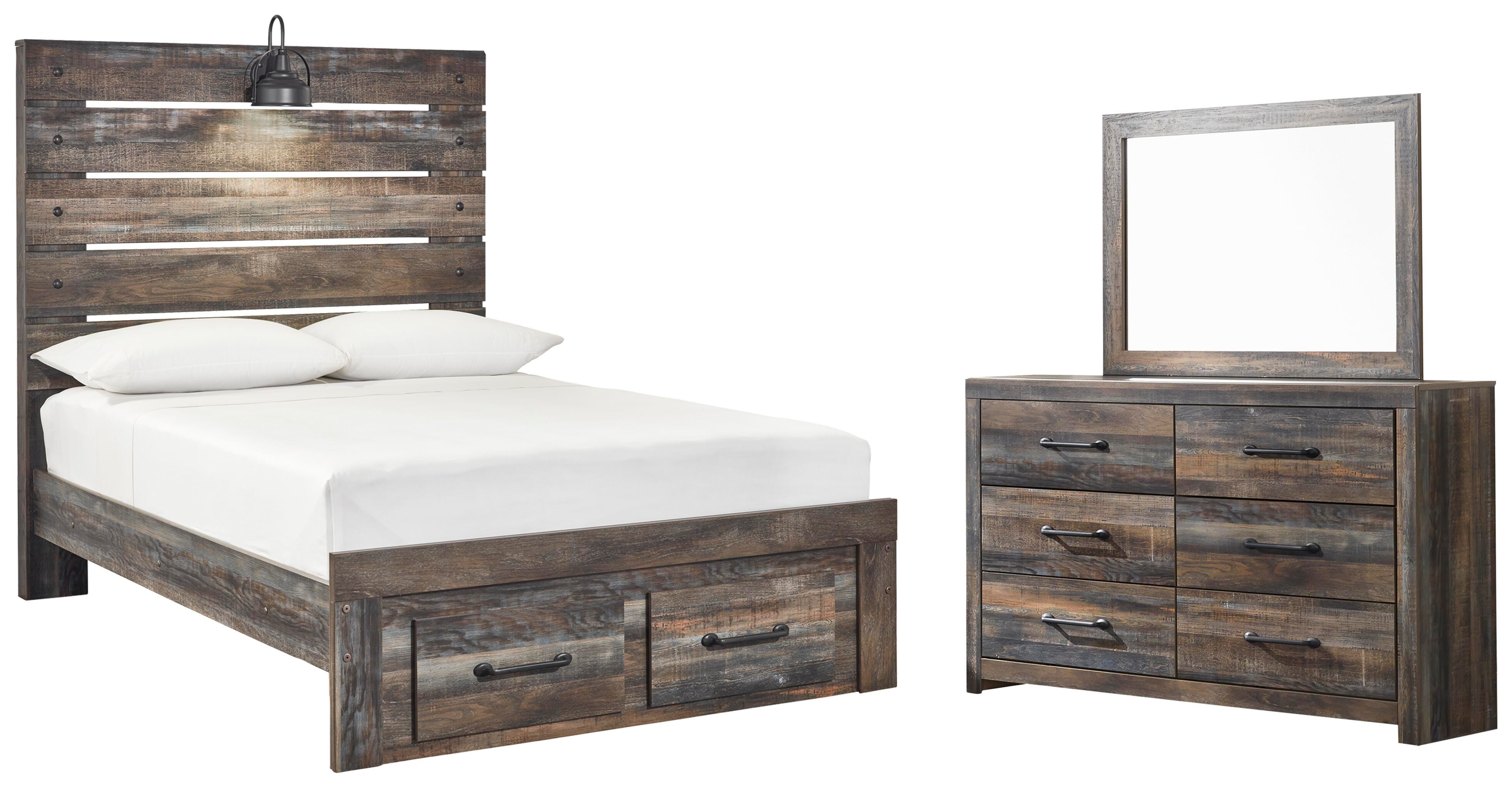 Drystan Full Panel Bed with 2 Storage Drawers with Mirrored Dresser, Multi, large