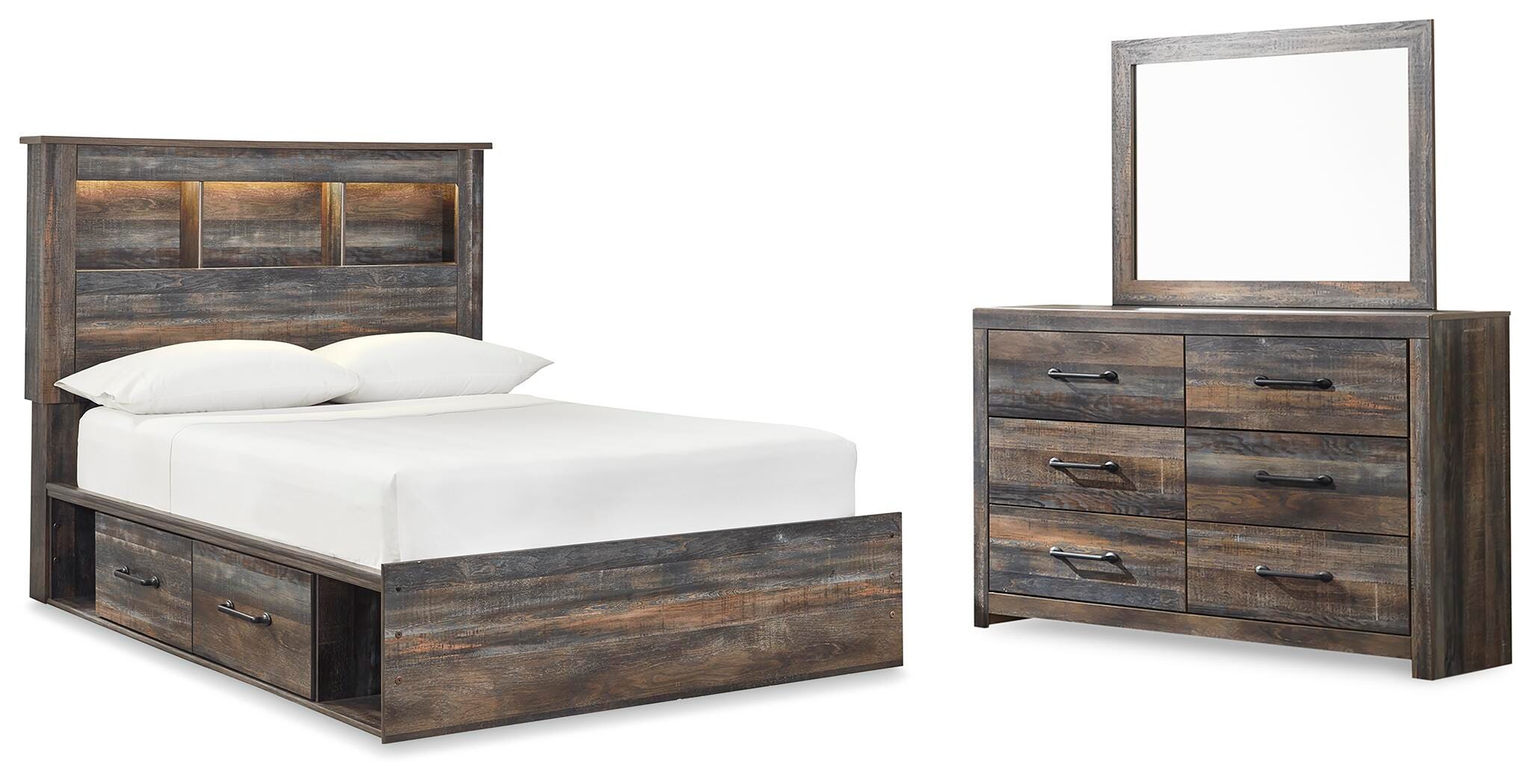 Cama Drystan de panel completo con librería, con almacenamiento, cómoda y espejo - image 1