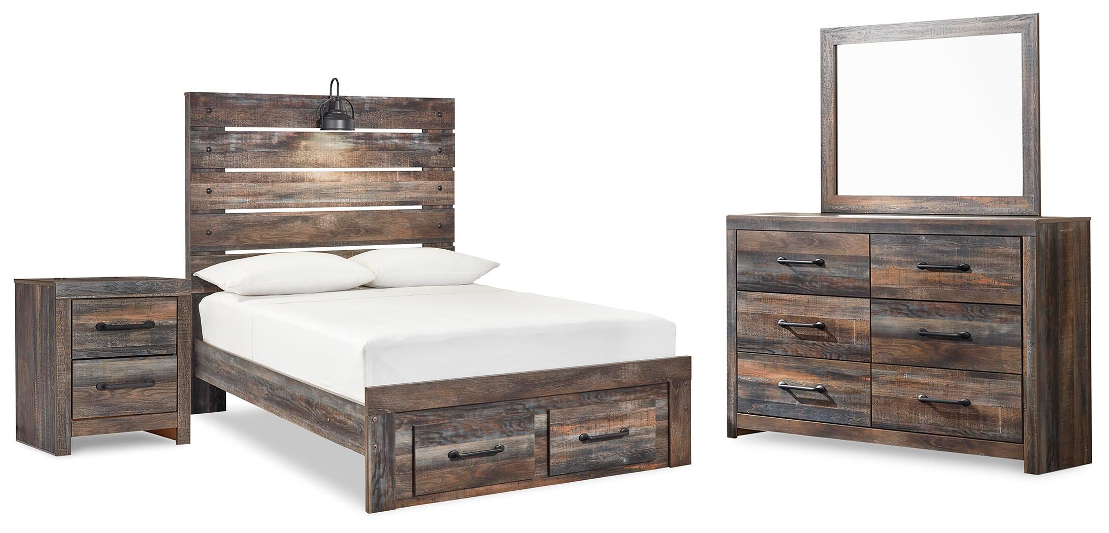 Cama Drystan de almacenamiento con panel completo, cómoda, espejo y mesita de noche - image 1