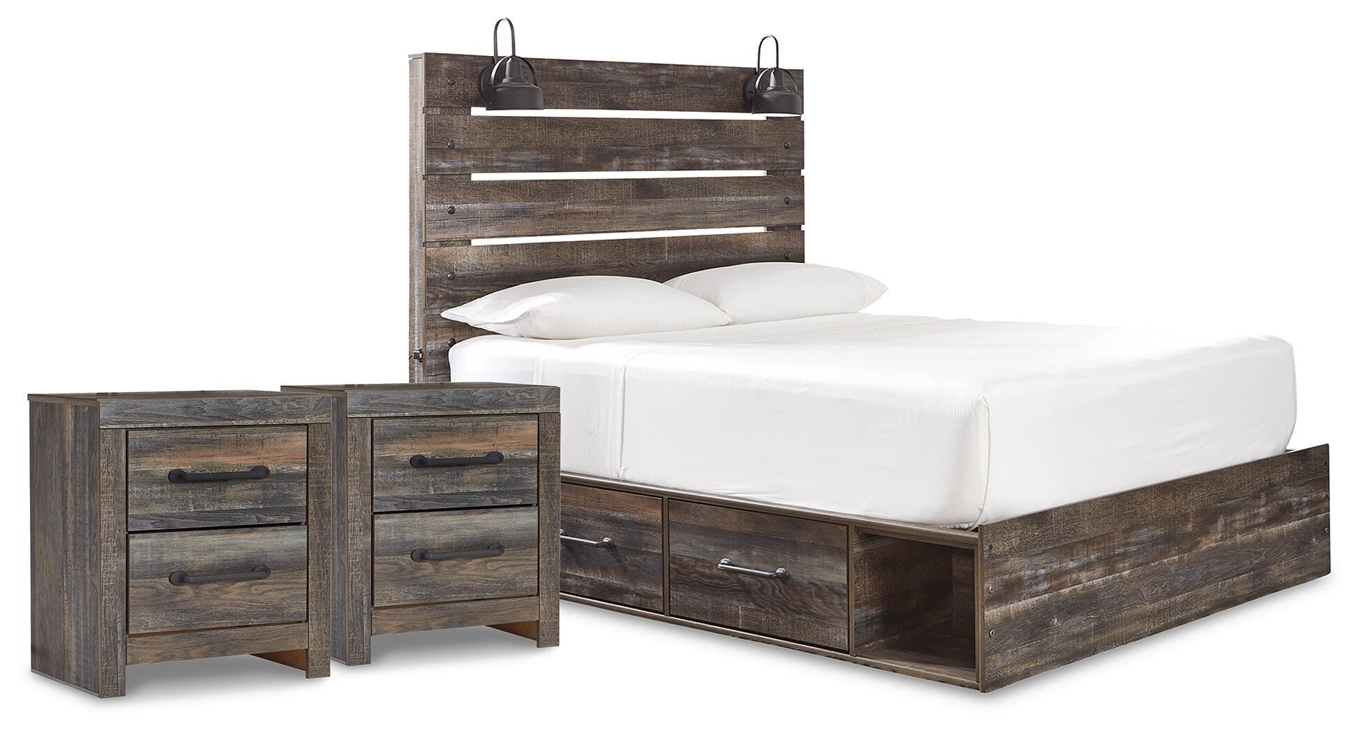 Cama con almacenamiento de panel Queen Drystan y 2 mesitas de noche - image 1