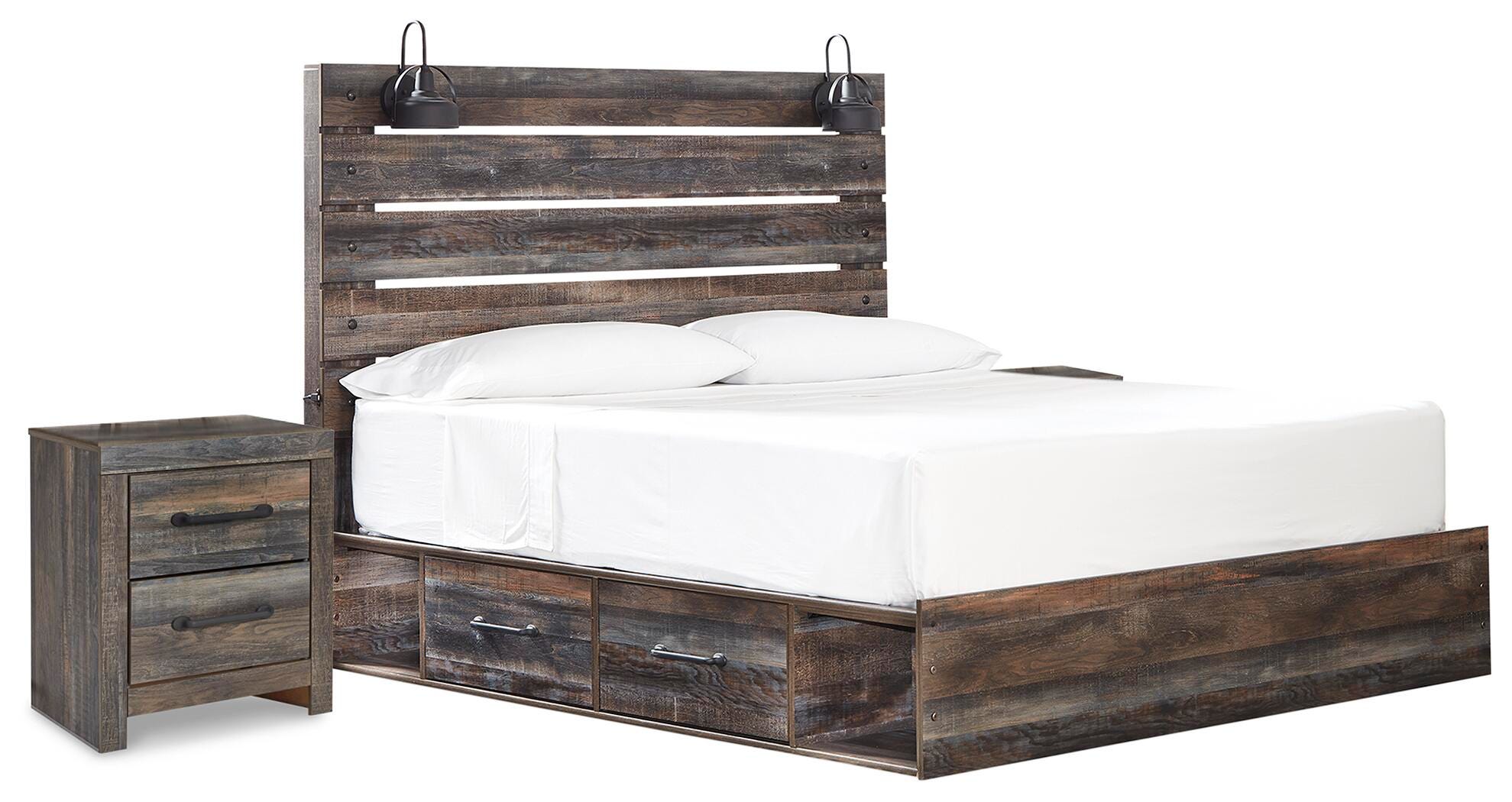 Cama con panel de almacenamiento Drystan King y 2 mesitas de noche - image 1