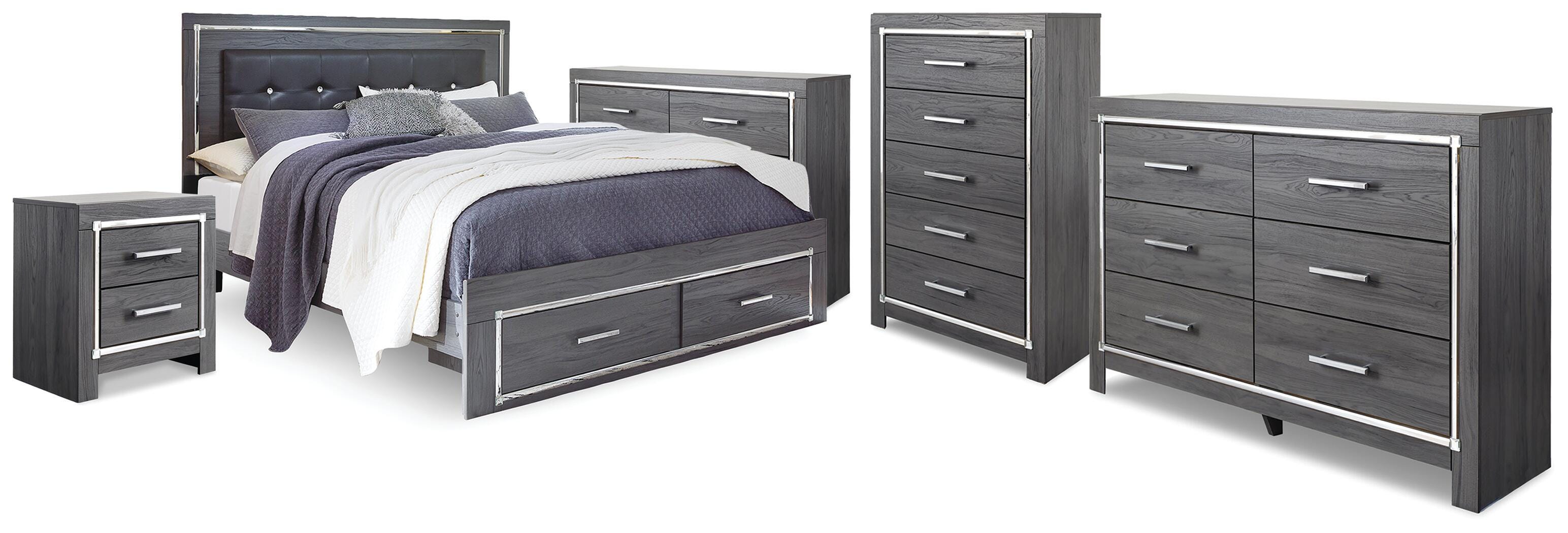 Cama King de almacenamiento Lodanna, 2 cómodas, cajonera y mesita de noche - image 1