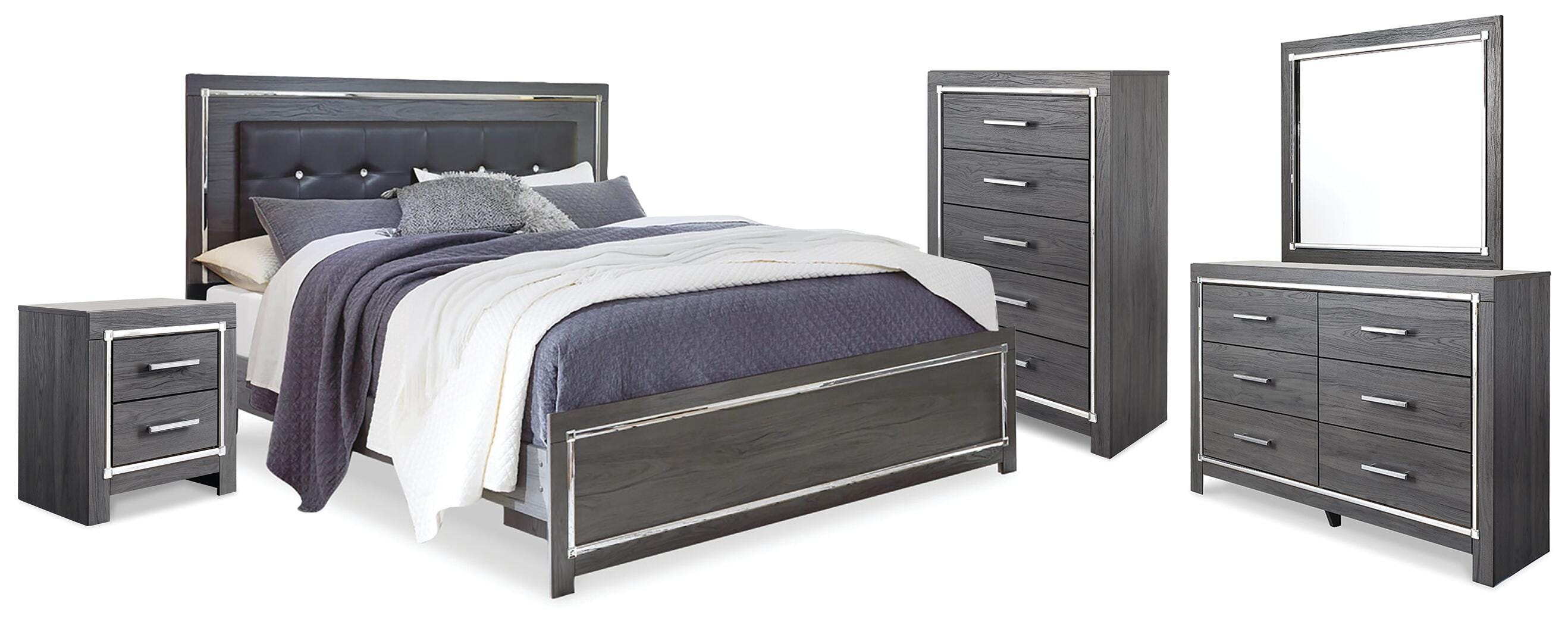 Cama tapizada tamaño King Lodanna con cabecera, cómoda, espejo, cajonera y mesa de noche - image 1