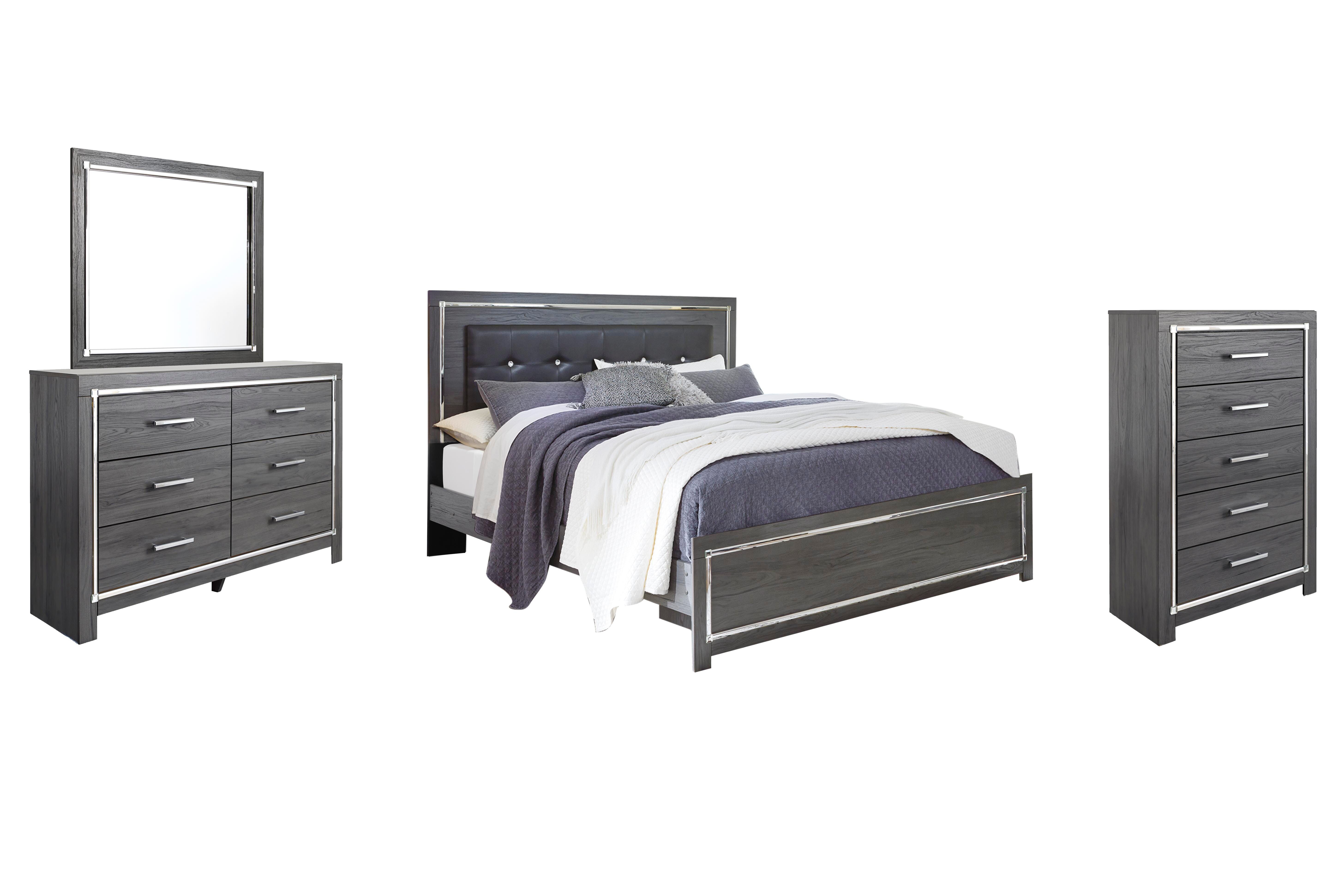 Lodanna King Panel Bed with Mirrored Dresser and Chest, Gray, large