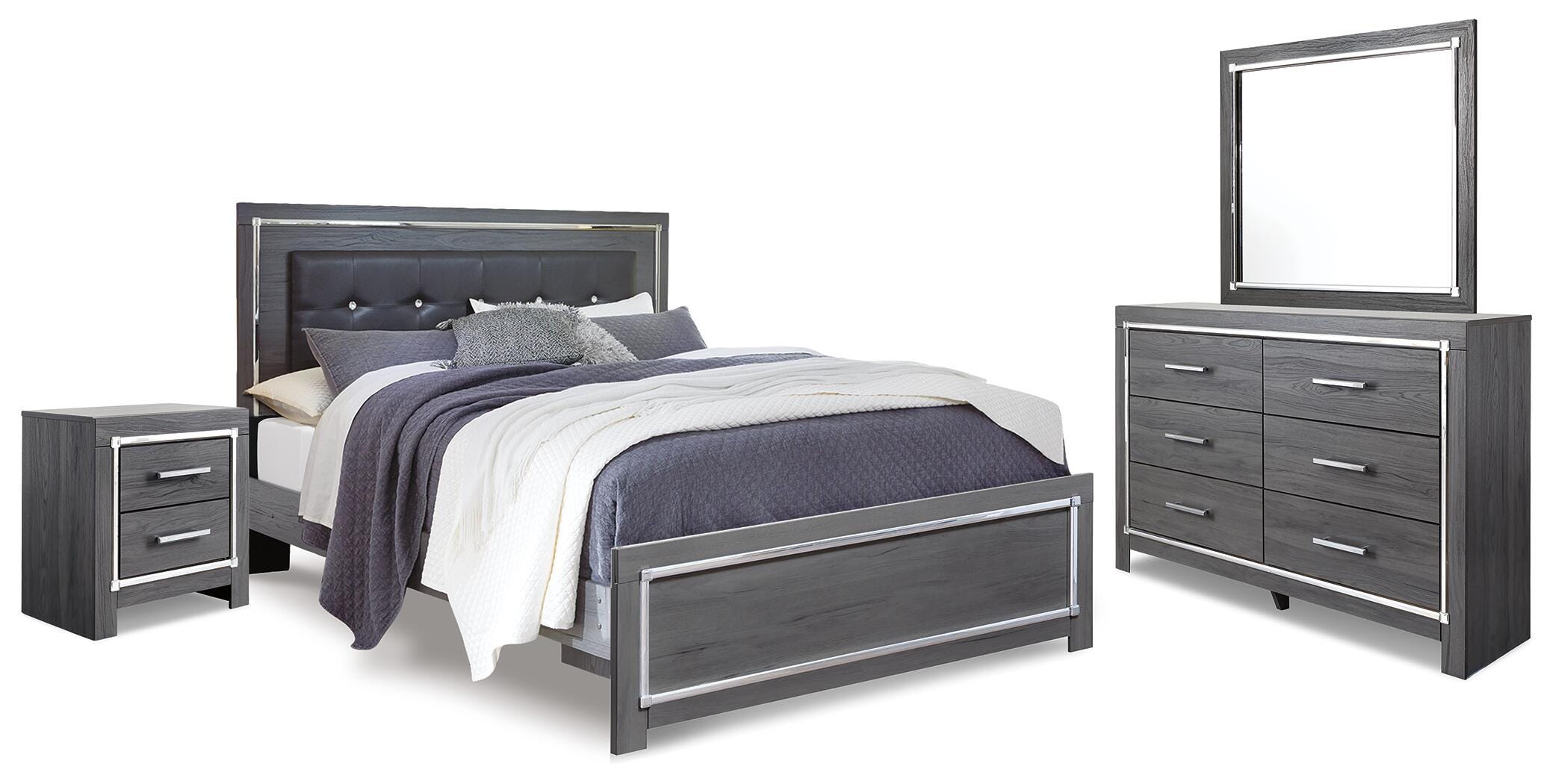 Cama tapizada tamaño king, cómoda, espejo y mesita de noche Lodanna - image 1