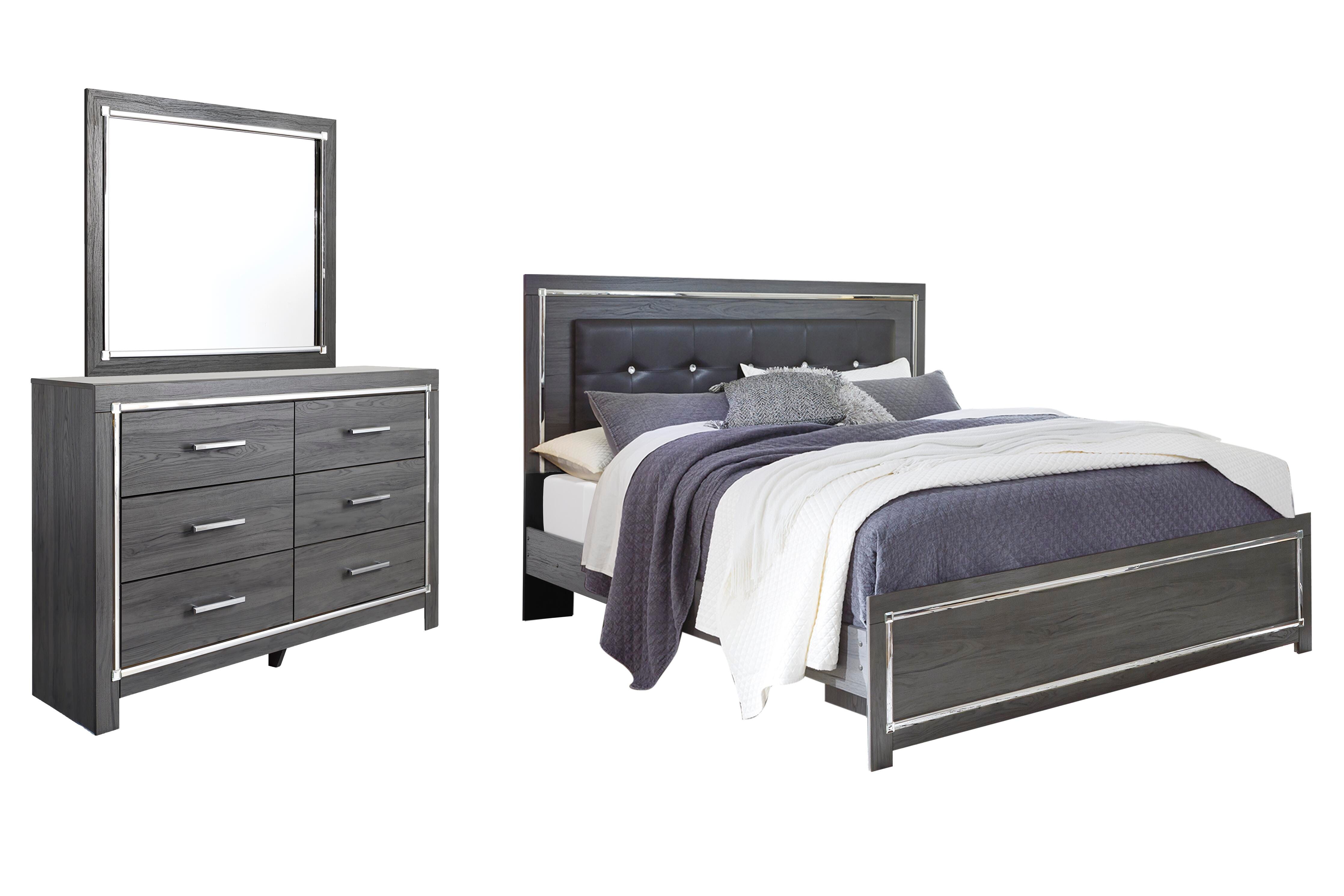 Lodanna King Panel Bed with Mirrored Dresser, Gray, large