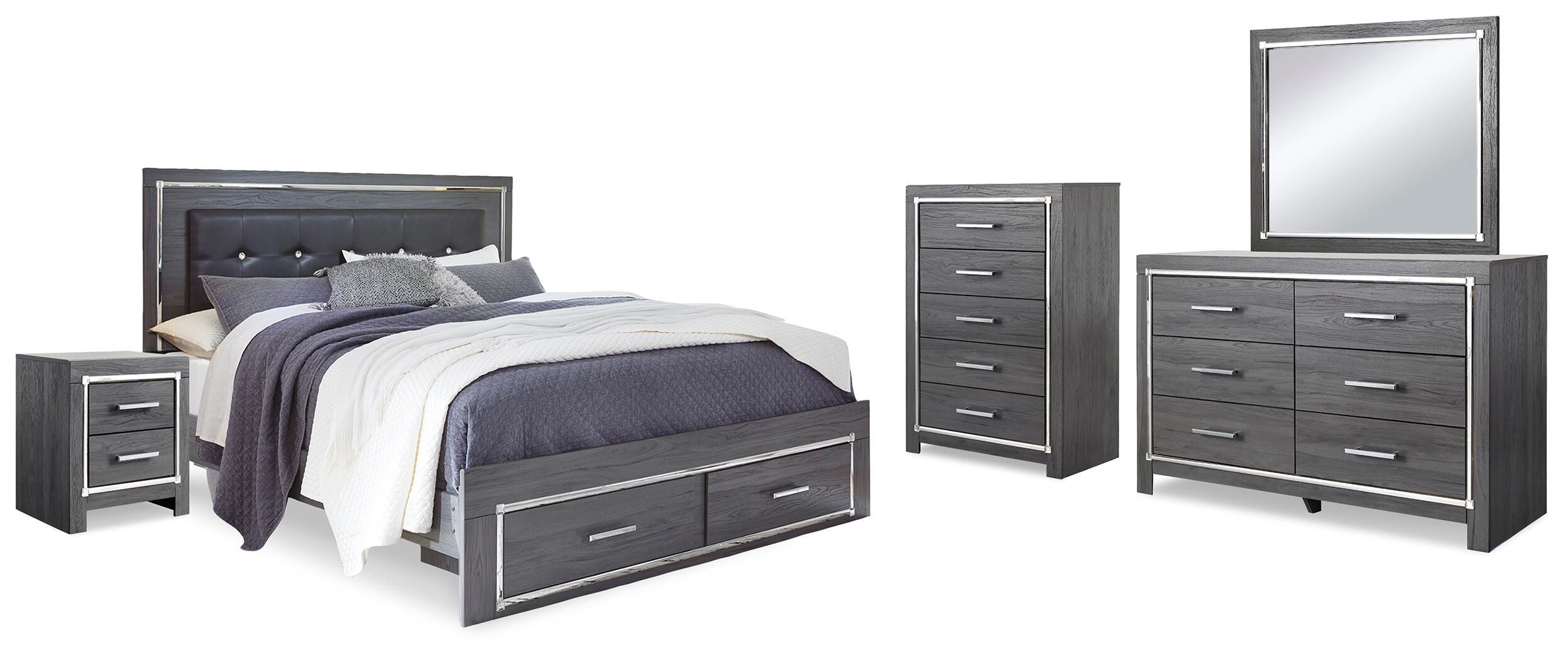 Cama con almacenaje tapizada King Lodanna, cómoda, espejo, baúl y mesita de noche - image 1