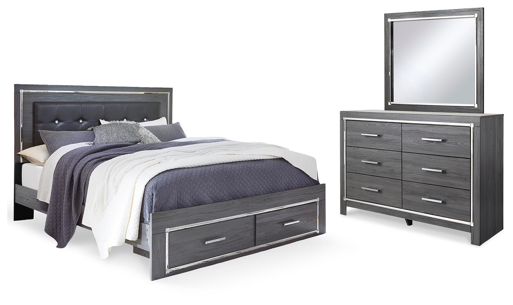 Lodanna King Panel Bed with 2 Storage Drawers with Mirrored Dresser, Gray, large
